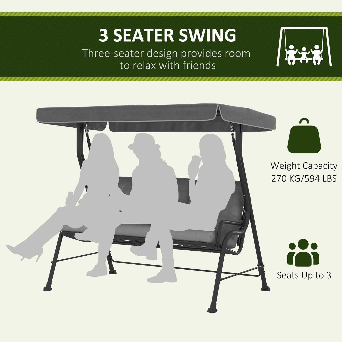 3-Person Porch Swing Chair, Patio Swing Bench with Adjustable Canopy, Removable Thicken Cushion and Weather Resistant Steel Frame for Outdoor, Garden, Poolside Light Grey