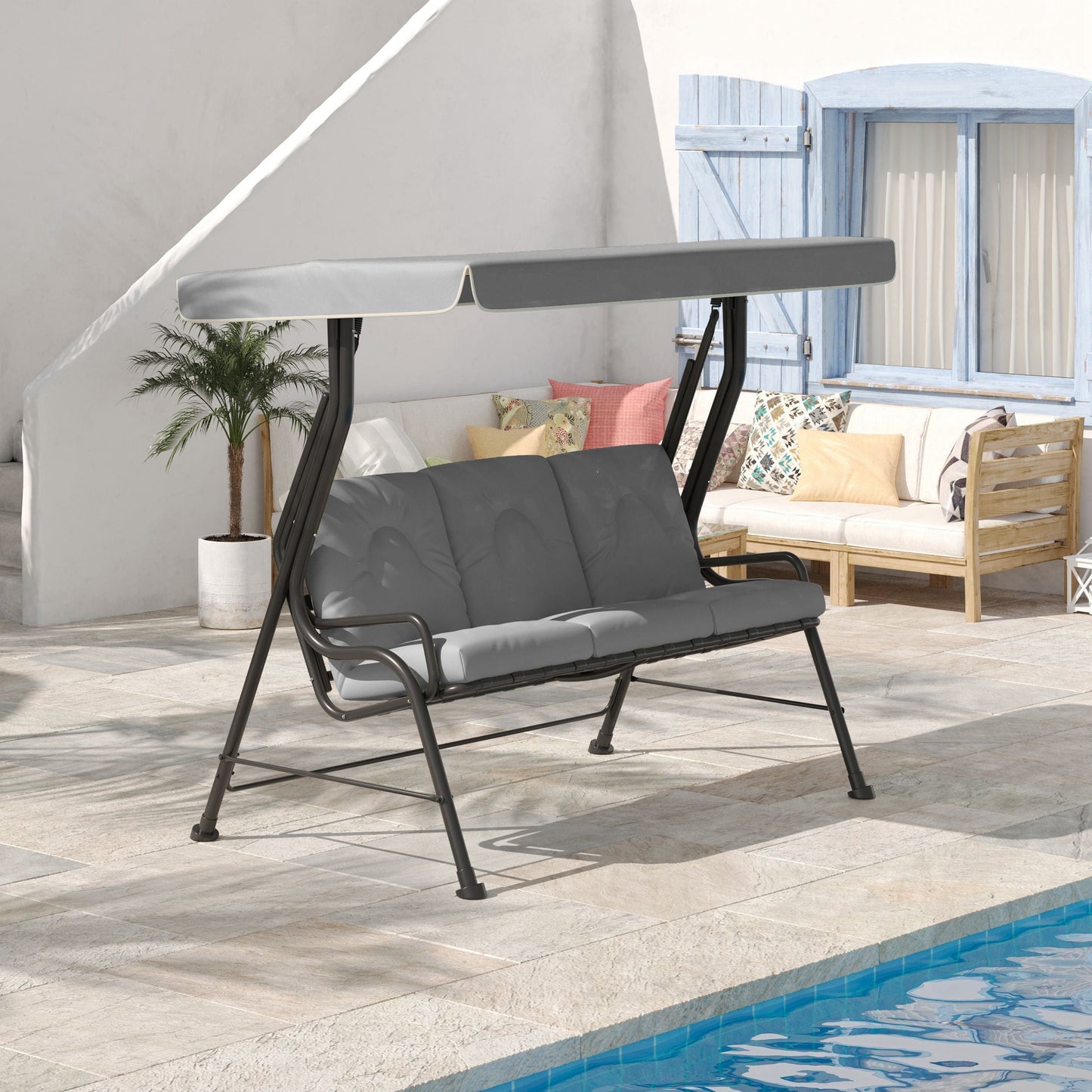 3-Person Porch Swing Chair, Patio Swing Bench with Adjustable Canopy, Removable Thicken Cushion and Weather Resistant Steel Frame for Outdoor, Garden, Poolside Light Grey