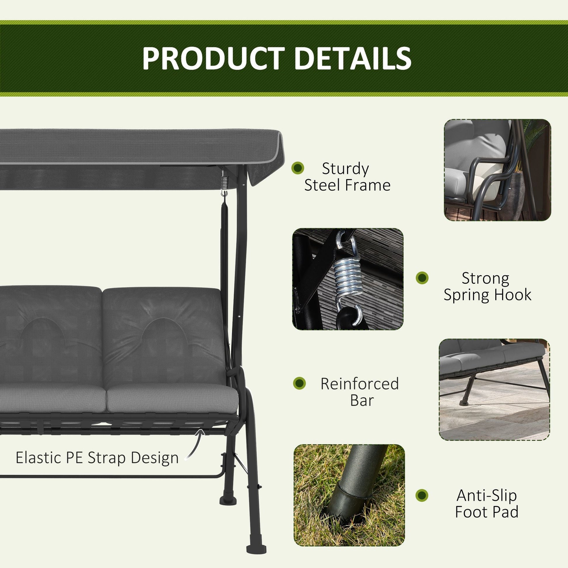 3-Person Porch Swing Chair, Patio Swing Bench with Adjustable Canopy, Removable Thicken Cushion and Weather Resistant Steel Frame for Outdoor, Garden, Poolside Light Grey