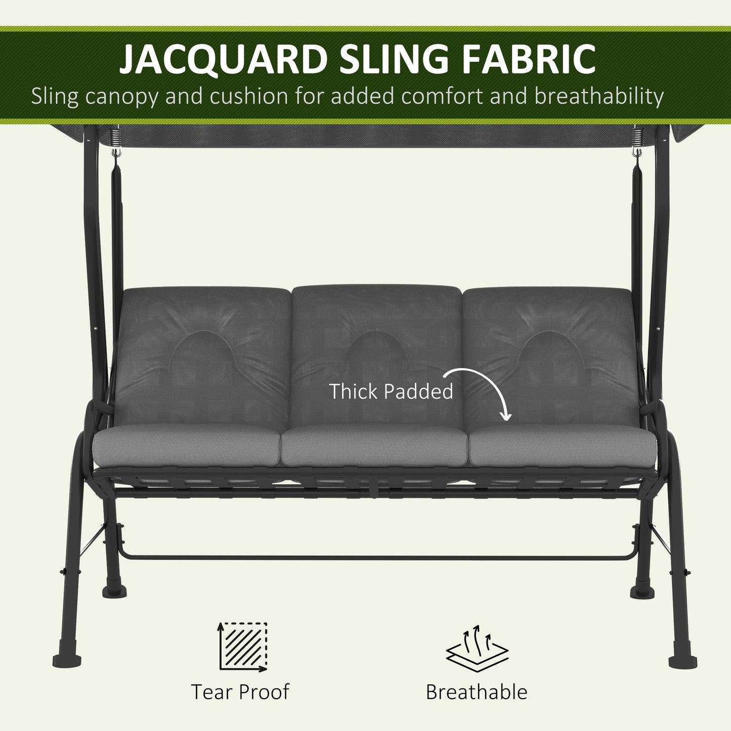 3-Person Porch Swing Chair, Patio Swing Bench with Adjustable Canopy, Removable Thicken Cushion and Weather Resistant Steel Frame for Outdoor, Garden, Poolside Light Grey