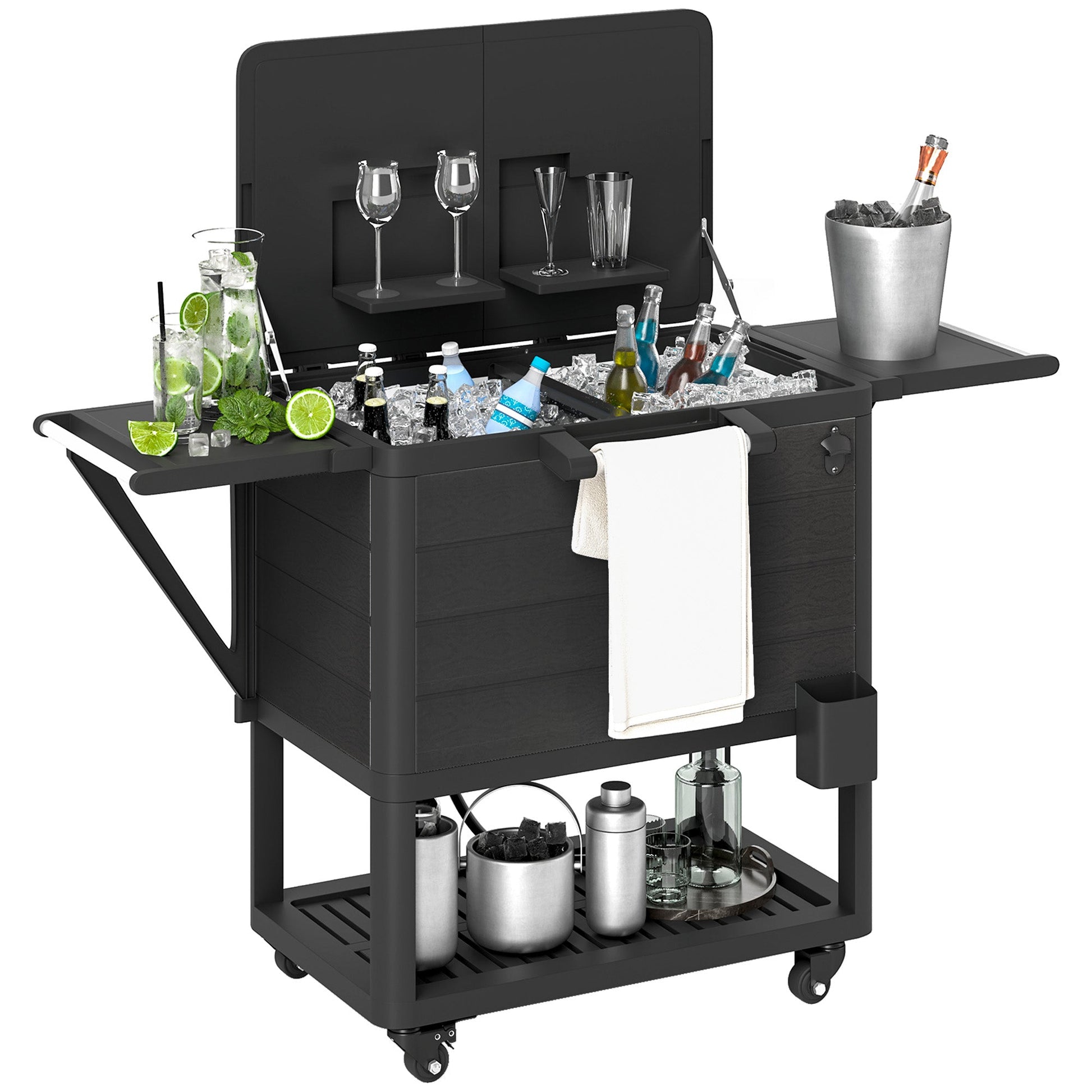 104 Quart Patio Cooler with Wheels, Holds up to 70 Bottles / 120 Cans, Rolling Ice Chest with Bottle Opener and Shelves, Outdoor Beverage Bar Cart with Handles, Black