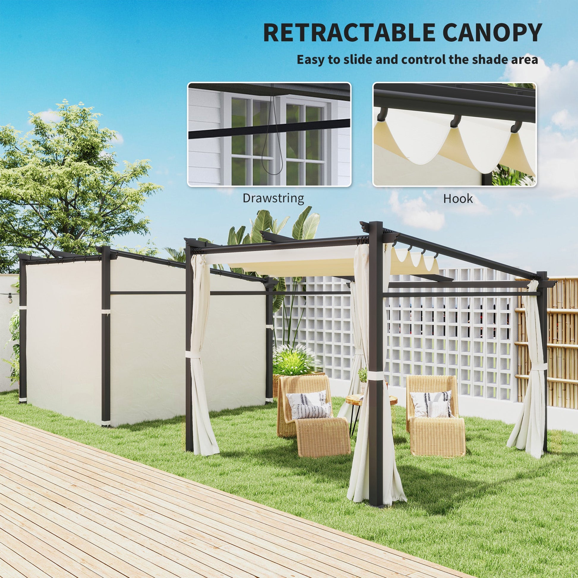 10' x 10' Metal Pergola with Sliding Roof Canopy, Retractable Pergola Canopy for Outdoor, Patio, Beige