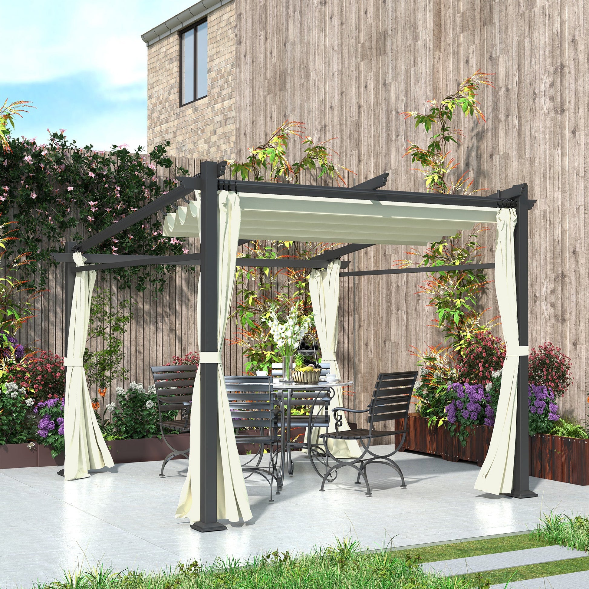 10' x 10' Metal Pergola with Sliding Roof Canopy, Retractable Pergola Canopy for Outdoor, Patio, Beige