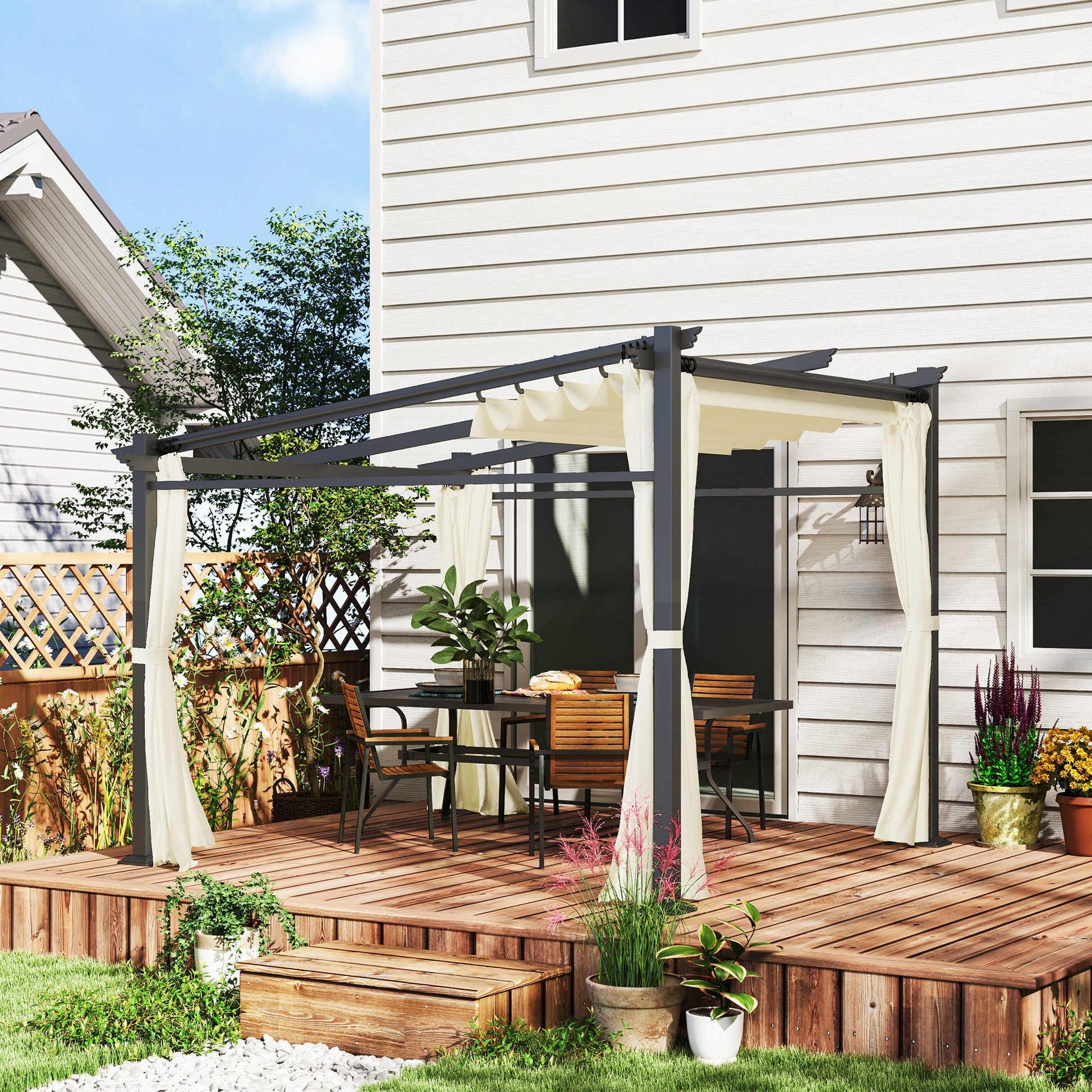 10' x 10' Metal Pergola with Sliding Roof Canopy, Retractable Pergola Canopy for Outdoor, Patio, Beige