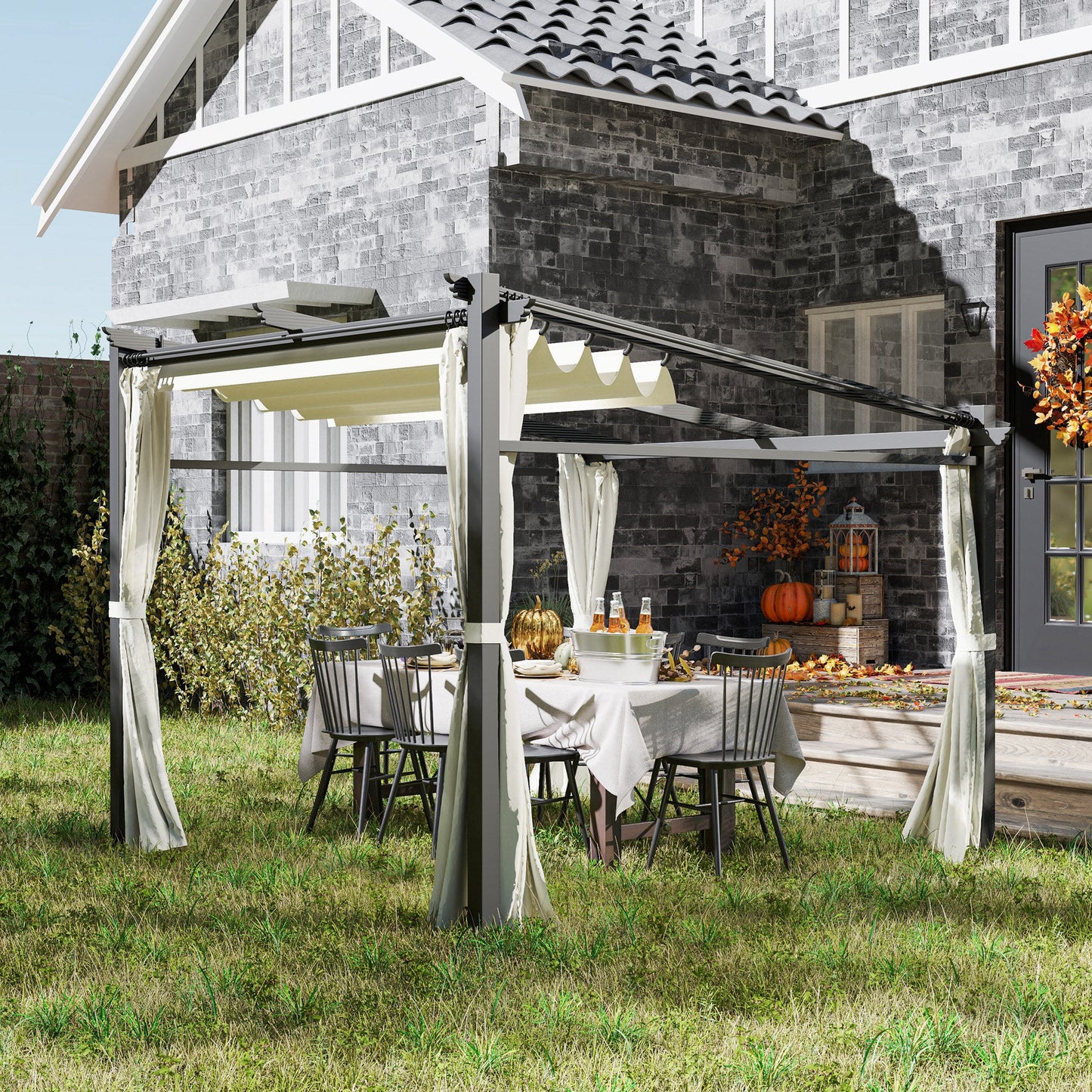 10' x 10' Metal Pergola with Sliding Roof Canopy, Retractable Pergola Canopy for Outdoor, Patio, Beige