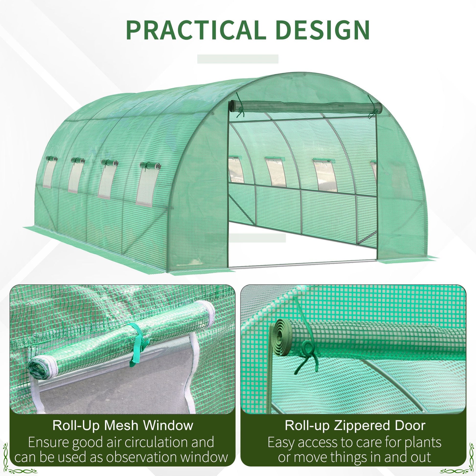 Walk-in Tunnel Greenhouse, 19 x 10 x 6.6 ft Hoop House with Zipped Roll-Up Door and 8 Mesh Windows, Outdoor Greenhouse with Galvanised Steel Frame, Green