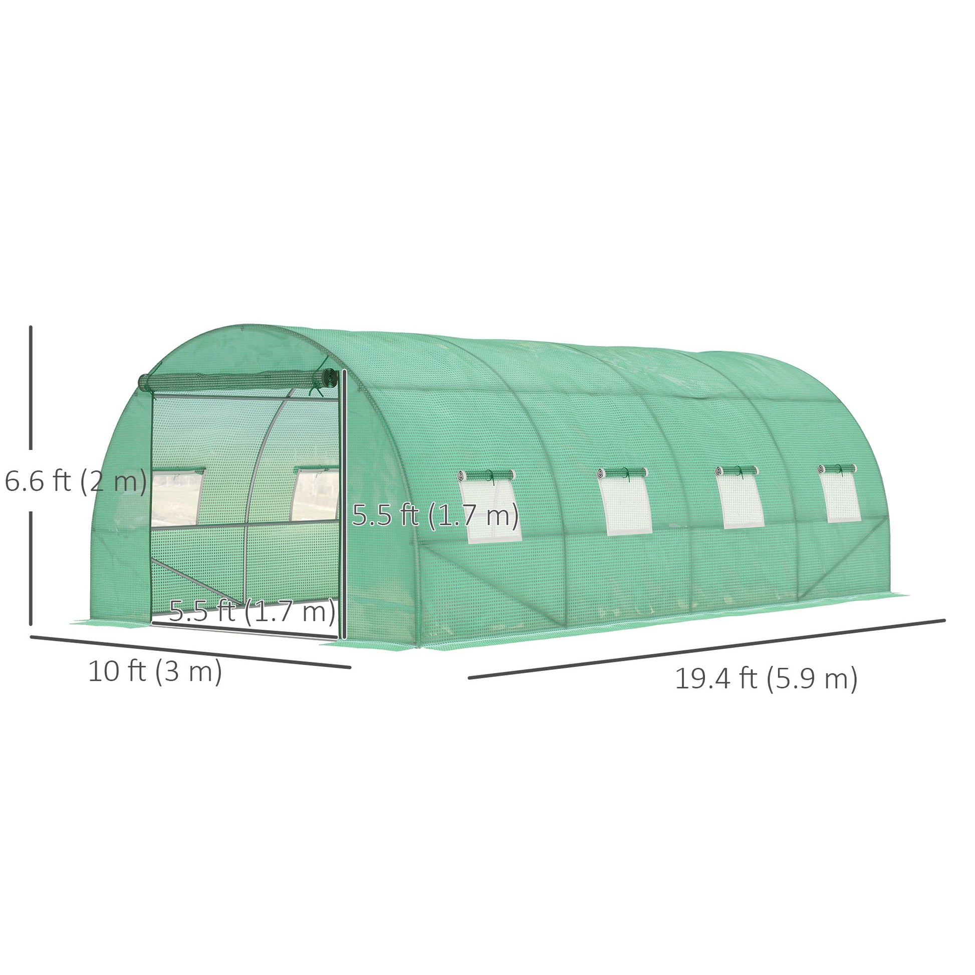 Walk-in Tunnel Greenhouse, 19 x 10 x 6.6 ft Hoop House with Zipped Roll-Up Door and 8 Mesh Windows, Outdoor Greenhouse with Galvanised Steel Frame, Green