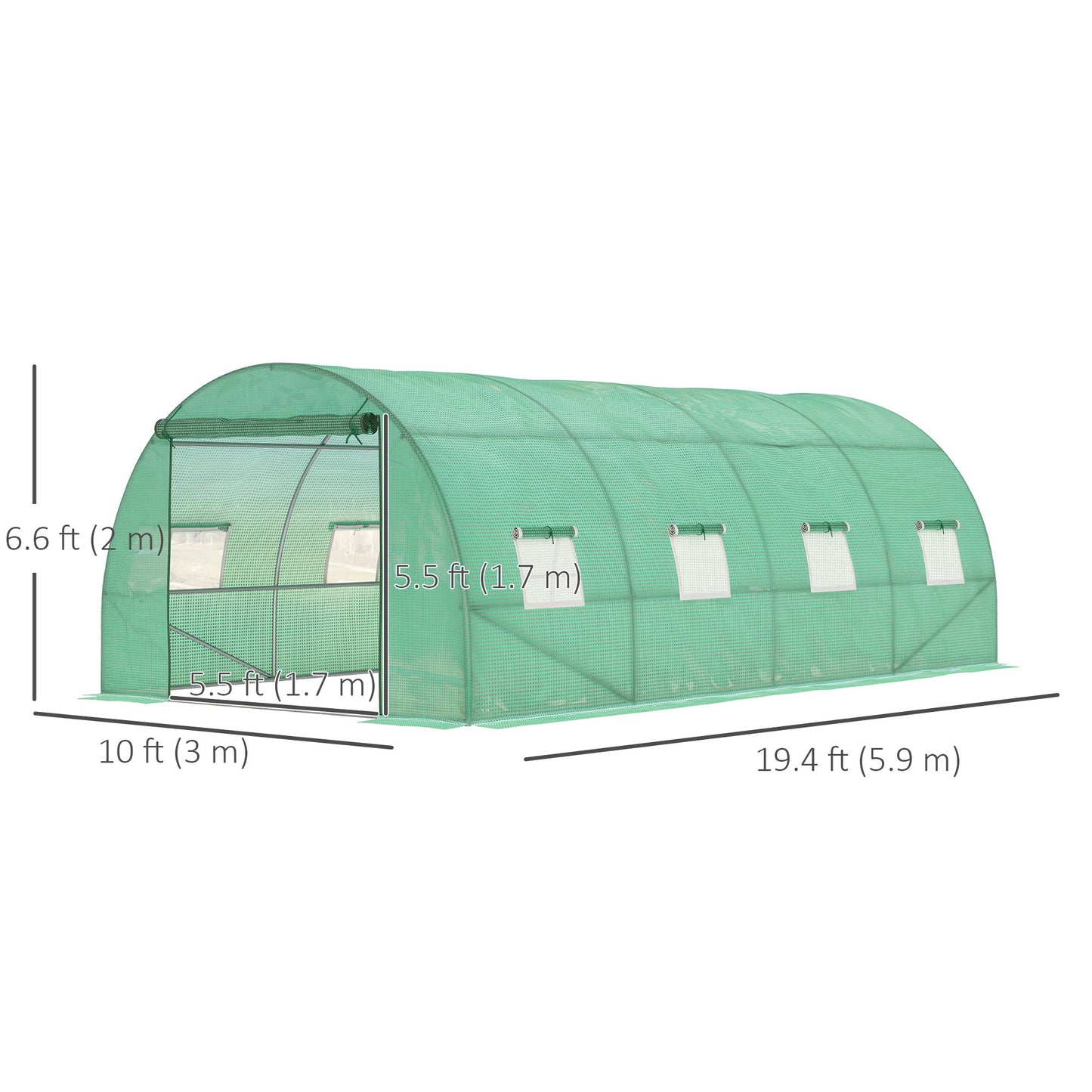 Walk-in Tunnel Greenhouse, 19 x 10 x 6.6 ft Hoop House with Zipped Roll-Up Door and 8 Mesh Windows, Outdoor Greenhouse with Galvanised Steel Frame, Green