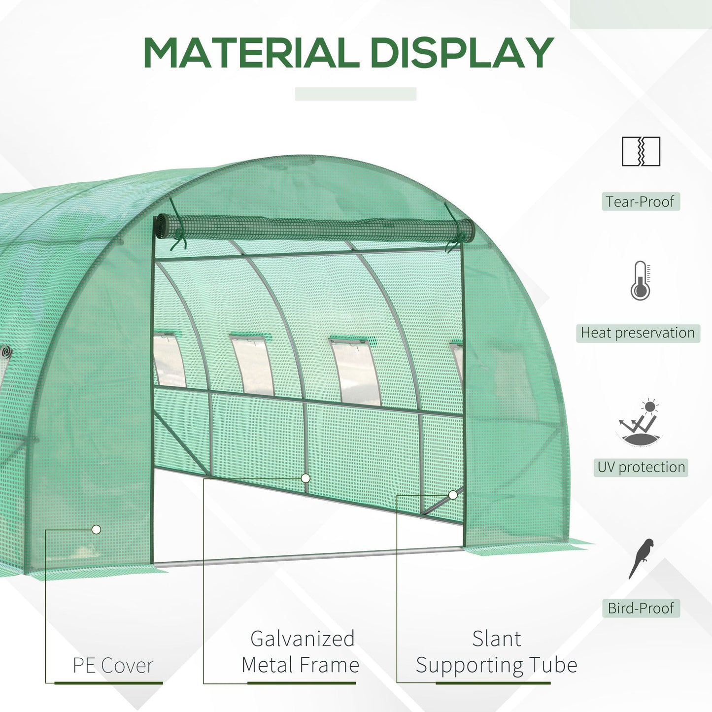 Walk-in Tunnel Greenhouse, 19 x 10 x 6.6 ft Hoop House with Zipped Roll-Up Door and 8 Mesh Windows, Outdoor Greenhouse with Galvanised Steel Frame, Green