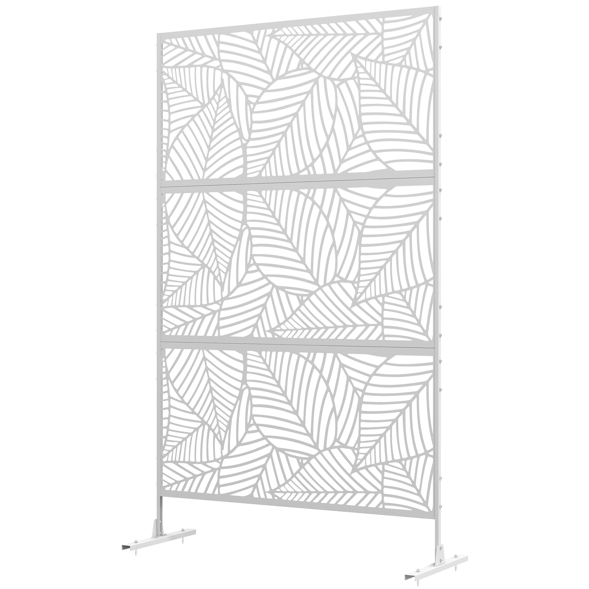 Metal Outdoor Privacy Screen, Decorative Outdoor Divider with Stand and Expansion Screws, Freestanding Privacy Panel for Garden, Backyard, Deck, Large Leaf Style, White