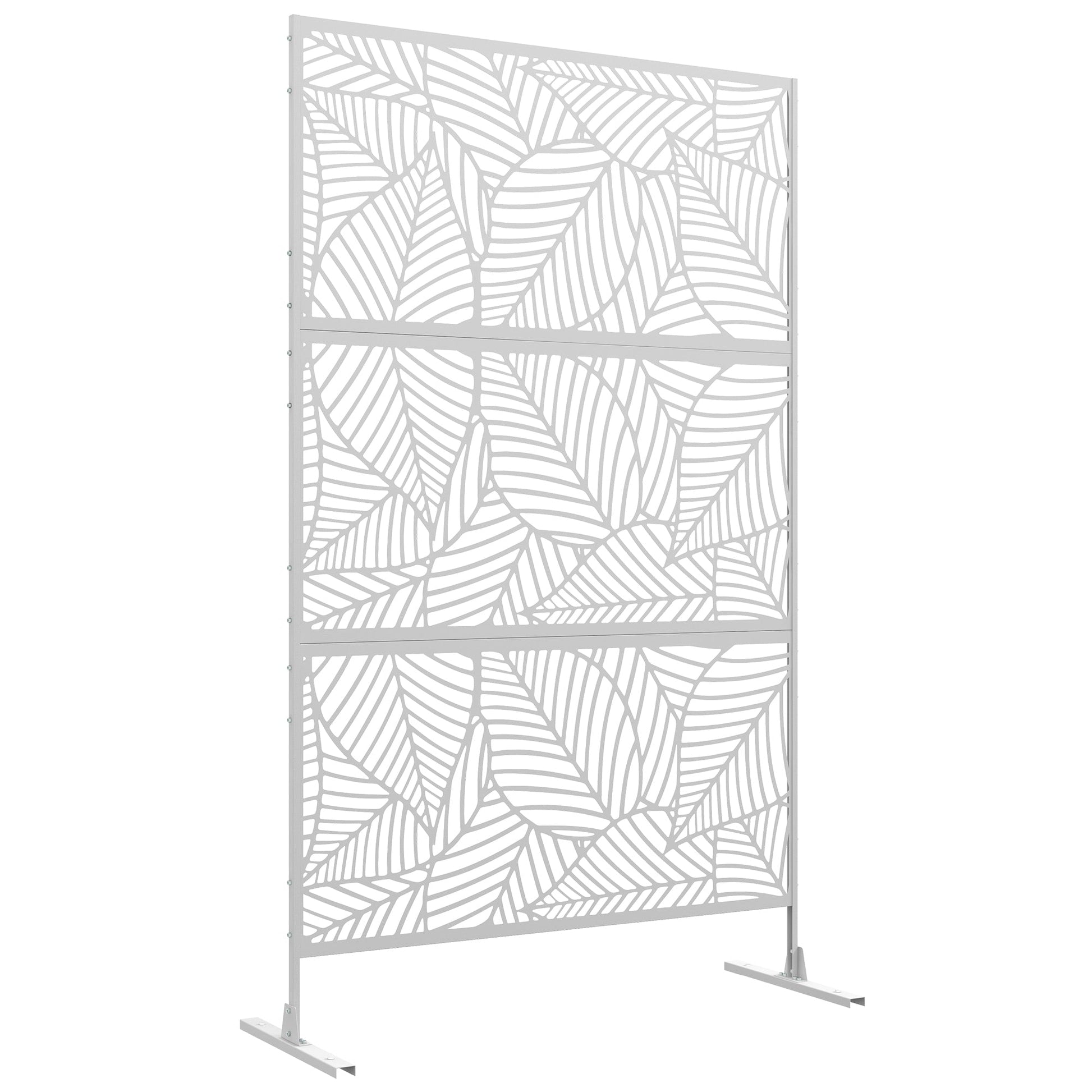 Metal Outdoor Privacy Screen, Decorative Outdoor Divider with Stand and Expansion Screws, Freestanding Privacy Panel for Garden, Backyard, Deck, Large Leaf Style, White