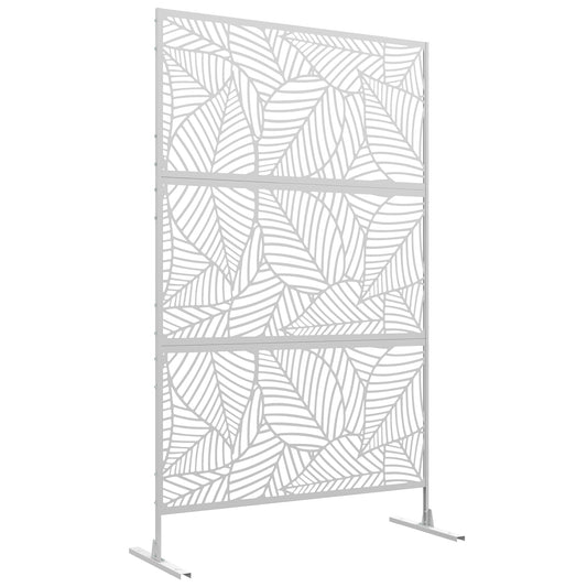 Metal Outdoor Privacy Screen, Decorative Outdoor Divider with Stand and Expansion Screws, Freestanding Privacy Panel for Garden, Backyard, Deck, Large Leaf Style, White