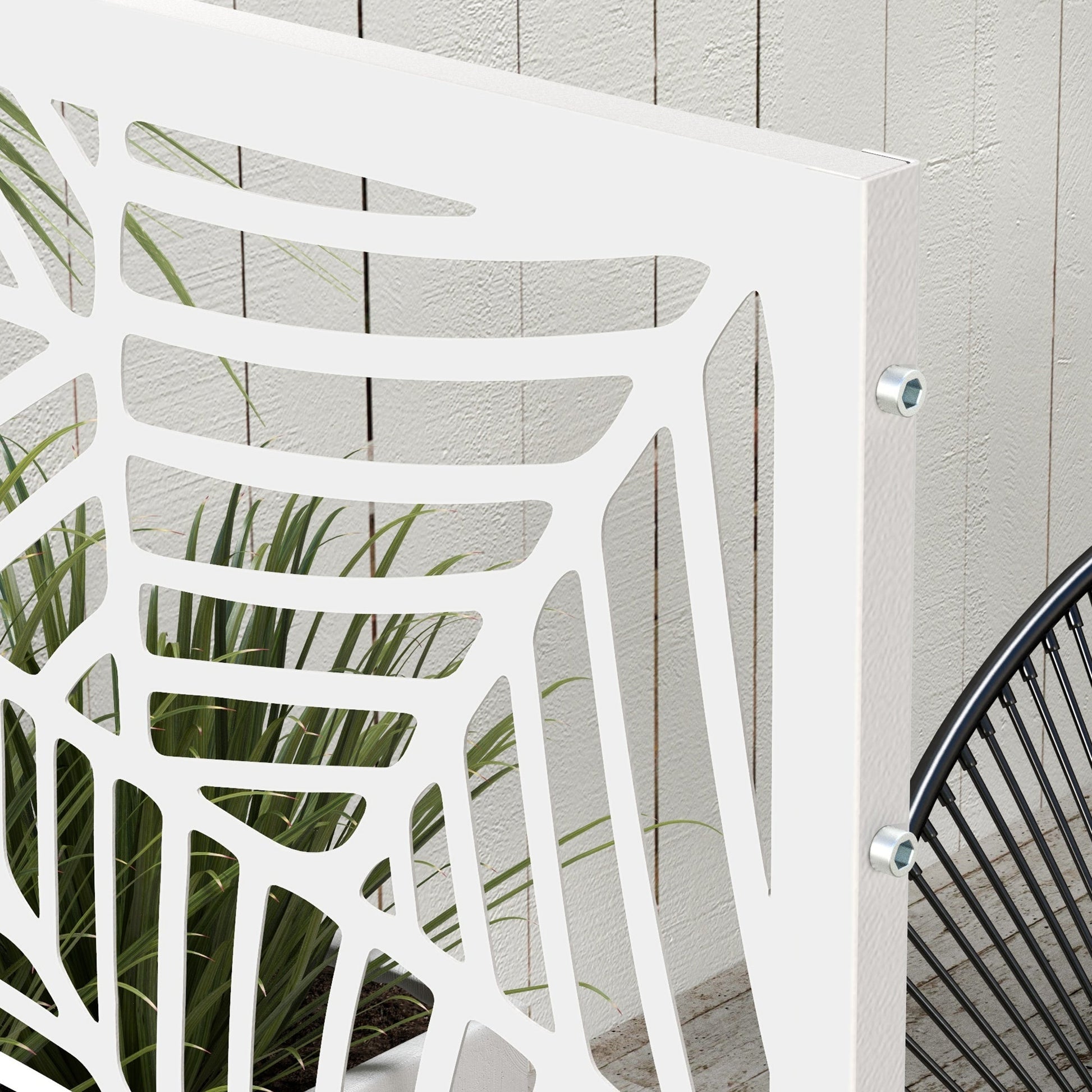 Metal Outdoor Privacy Screen, Decorative Outdoor Divider with Stand and Expansion Screws, Freestanding Privacy Panel for Garden, Backyard, Deck, Large Leaf Style, White