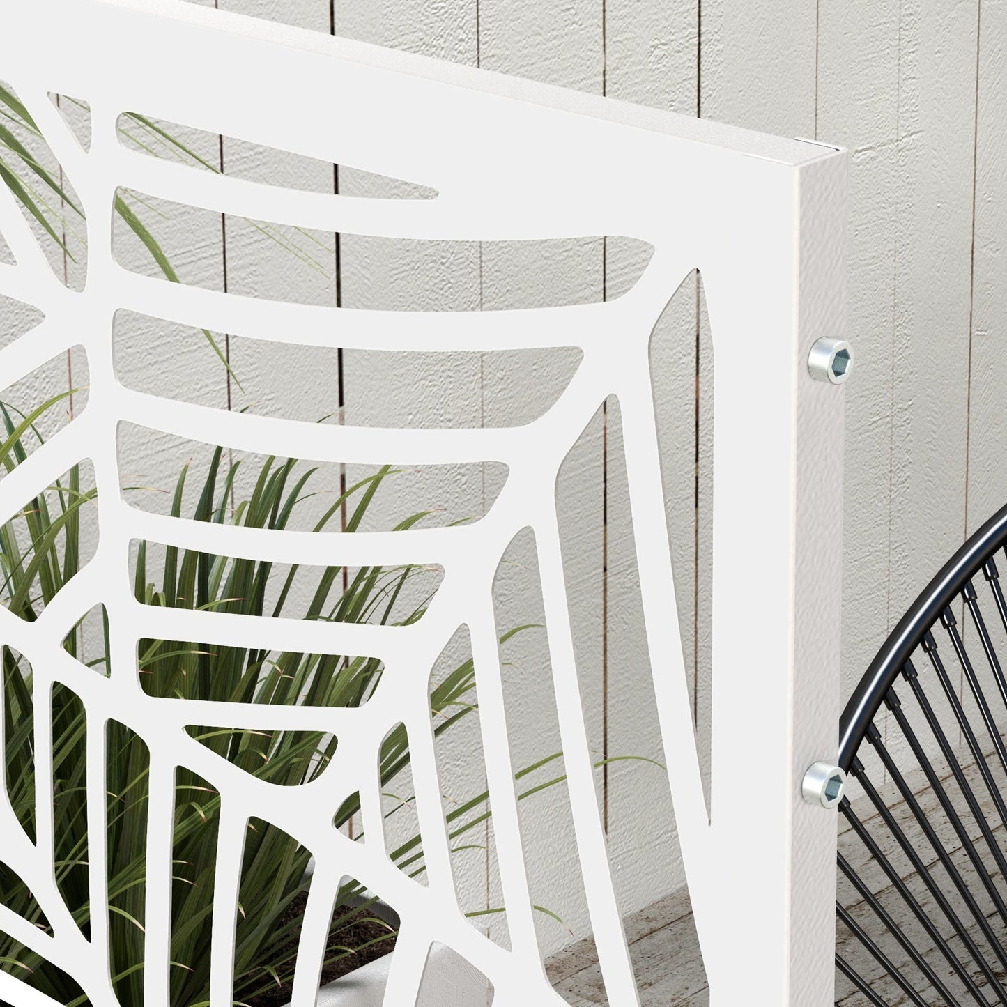 Metal Outdoor Privacy Screen, Decorative Outdoor Divider with Stand and Expansion Screws, Freestanding Privacy Panel for Garden, Backyard, Deck, Large Leaf Style, White