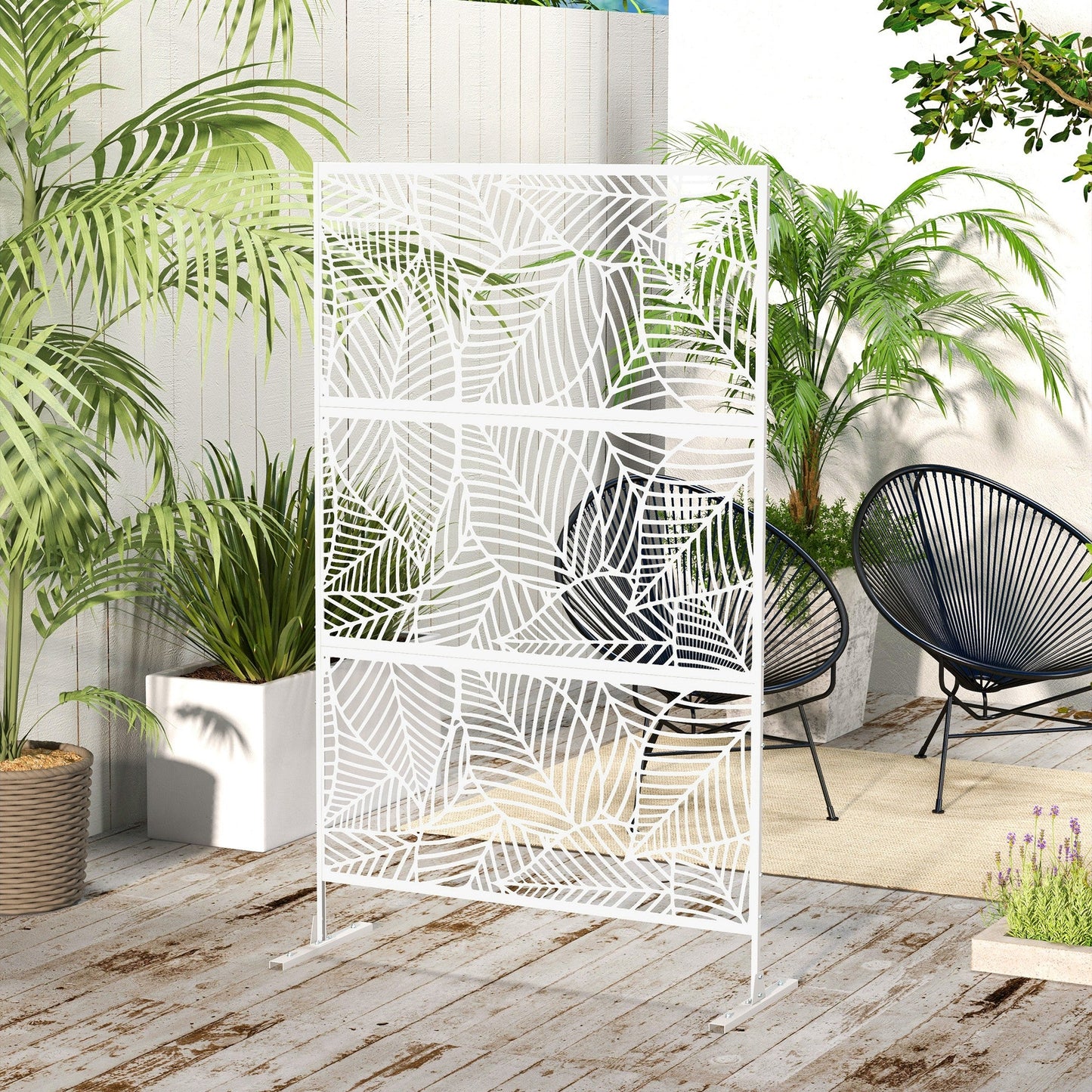 Metal Outdoor Privacy Screen, Decorative Outdoor Divider with Stand and Expansion Screws, Freestanding Privacy Panel for Garden, Backyard, Deck, Large Leaf Style, White