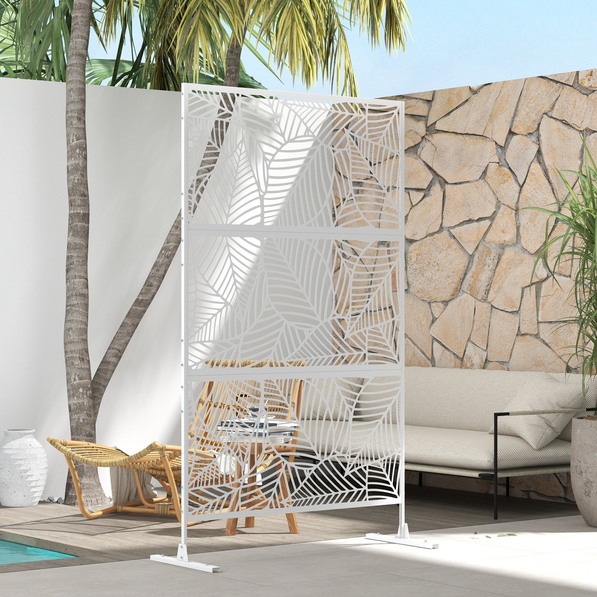 Metal Outdoor Privacy Screen, Decorative Outdoor Divider with Stand and Expansion Screws, Freestanding Privacy Panel for Garden, Backyard, Deck, Large Leaf Style, White