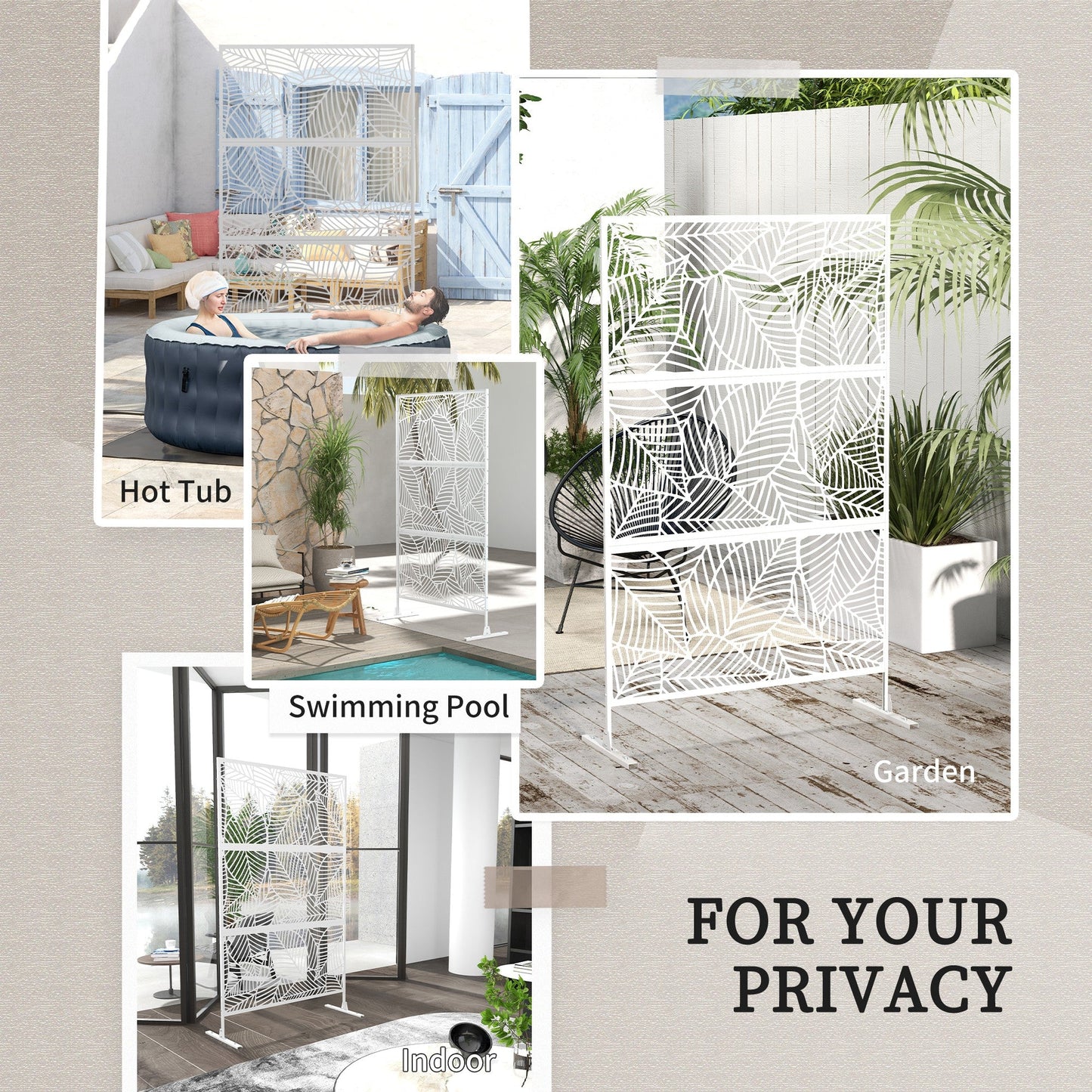 Metal Outdoor Privacy Screen, Decorative Outdoor Divider with Stand and Expansion Screws, Freestanding Privacy Panel for Garden, Backyard, Deck, Large Leaf Style, White