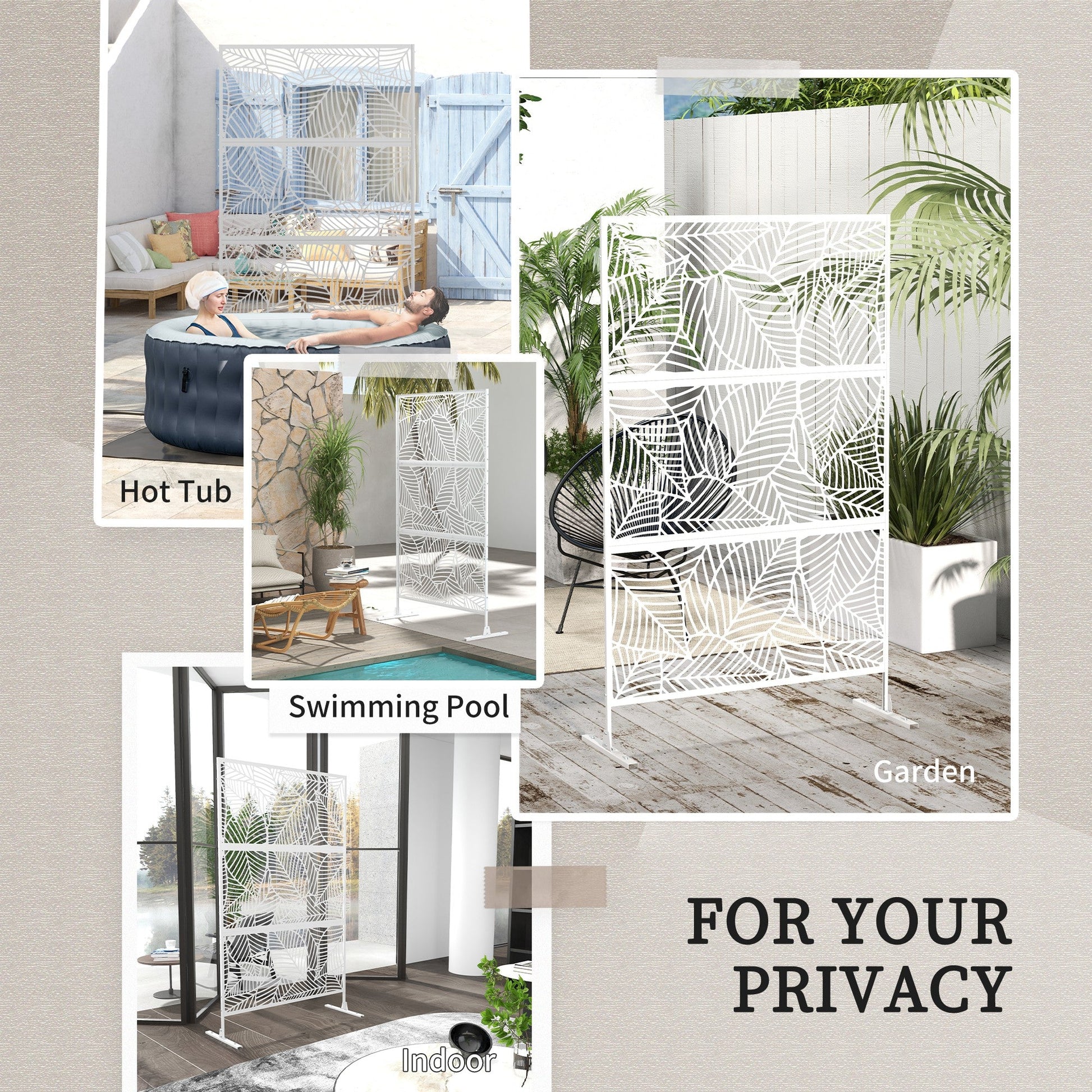Metal Outdoor Privacy Screen, Decorative Outdoor Divider with Stand and Expansion Screws, Freestanding Privacy Panel for Garden, Backyard, Deck, Large Leaf Style, White
