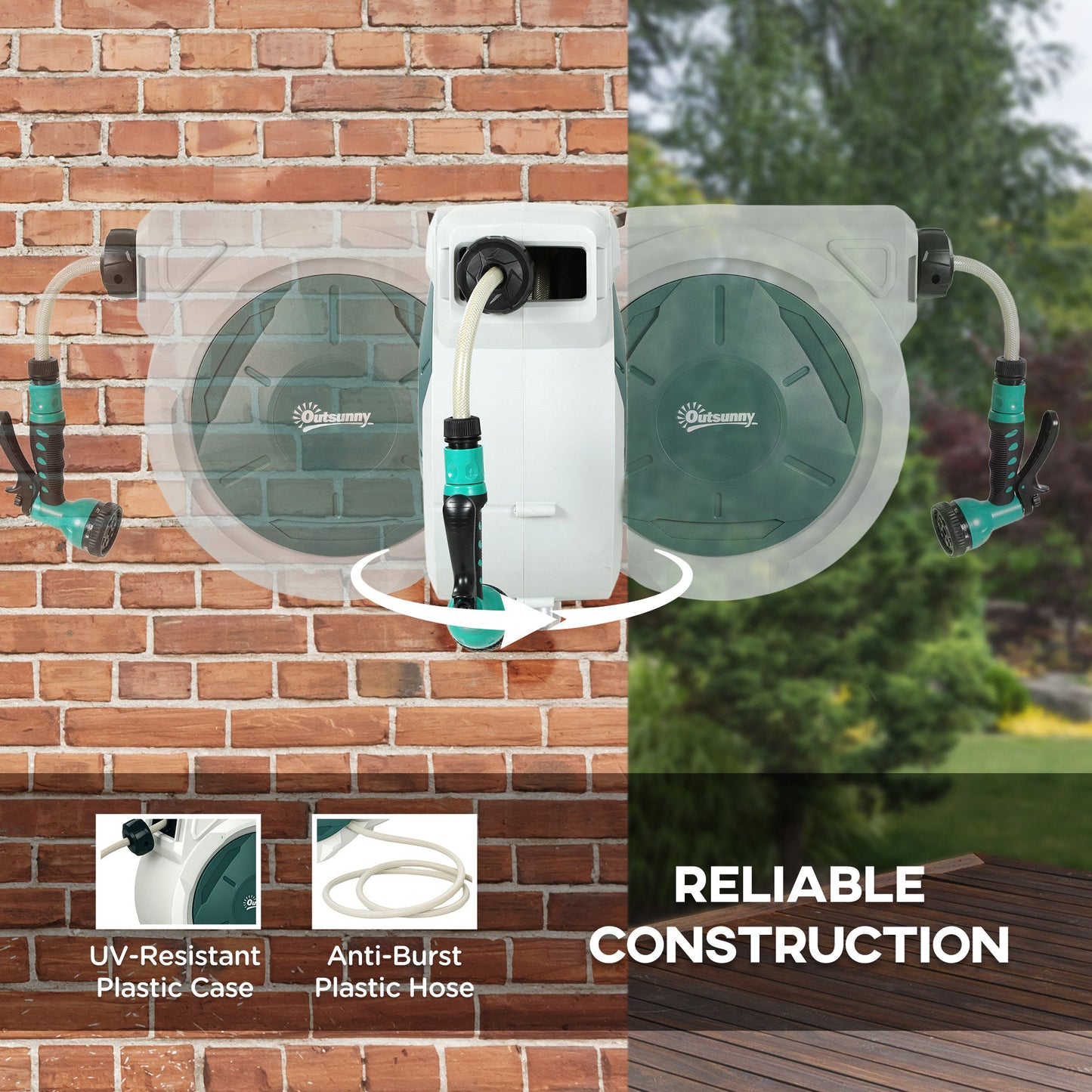 Retractable Garden Hose Reel, 1/2 in x 65ft Wall Mounted Water Hose Reel with 7- Function Sprayer Nozzle, Auto Rewind, Any Length Lock, 180° Swivel Bracket, Green