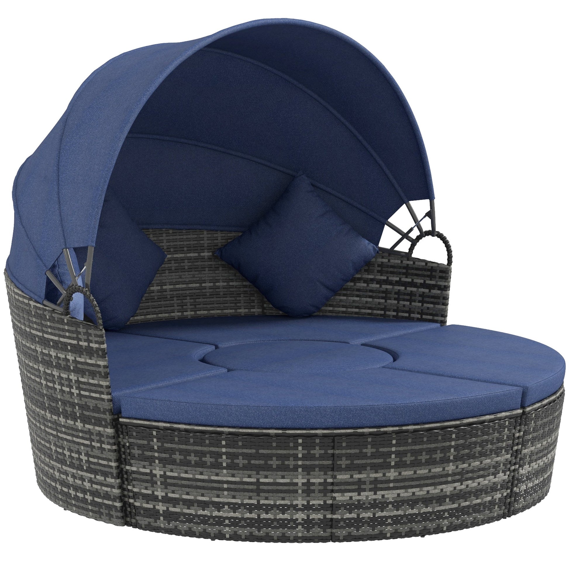 4 Pieces Outdoor Daybed with Retractable Canopy, PE Rattan Wicker Round Sofa Day Bed, Patio Sectional Conversation Furniture Set with Cushions and Pillows, Dark Blue