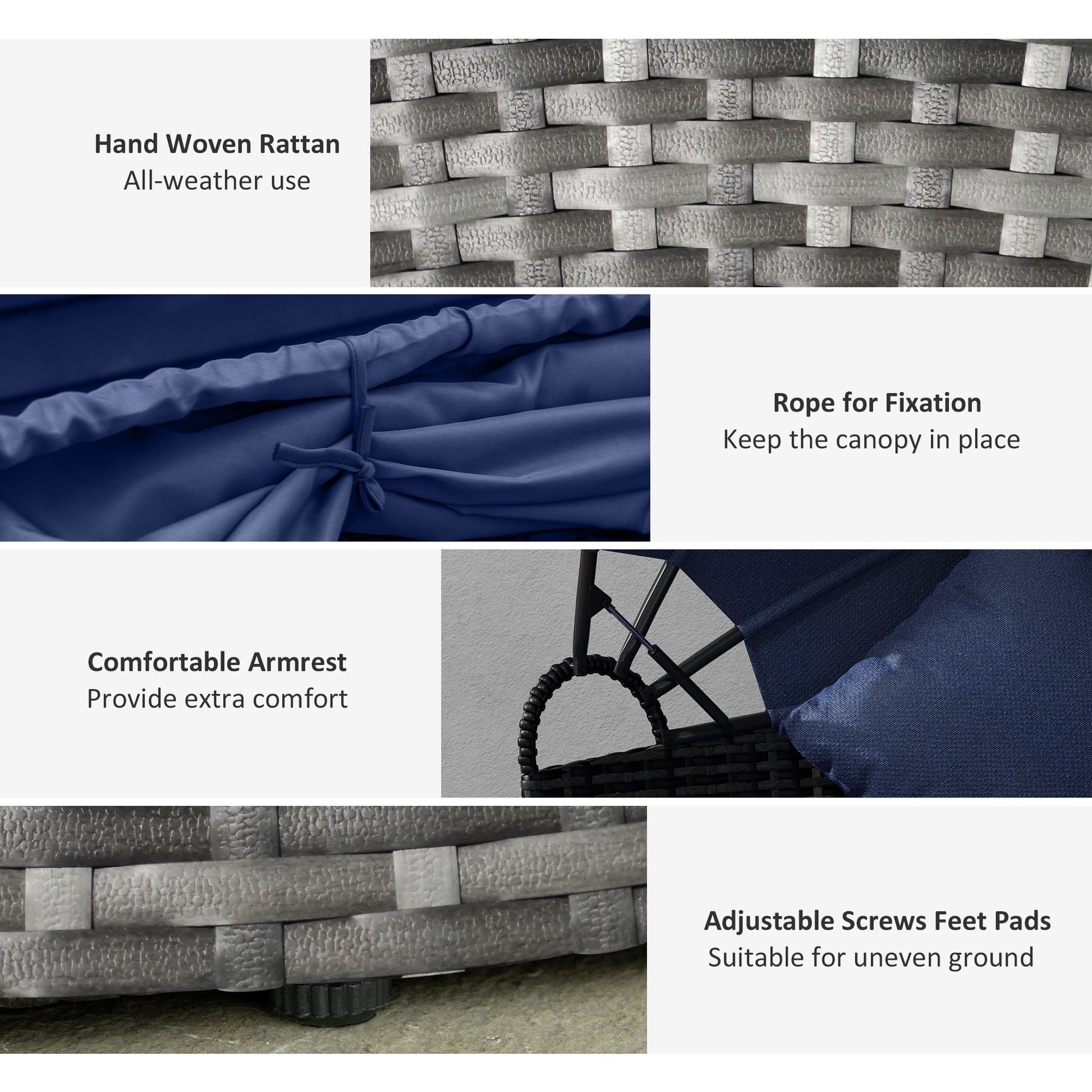 4 Pieces Outdoor Daybed with Retractable Canopy, PE Rattan Wicker Round Sofa Day Bed, Patio Sectional Conversation Furniture Set with Cushions and Pillows, Dark Blue