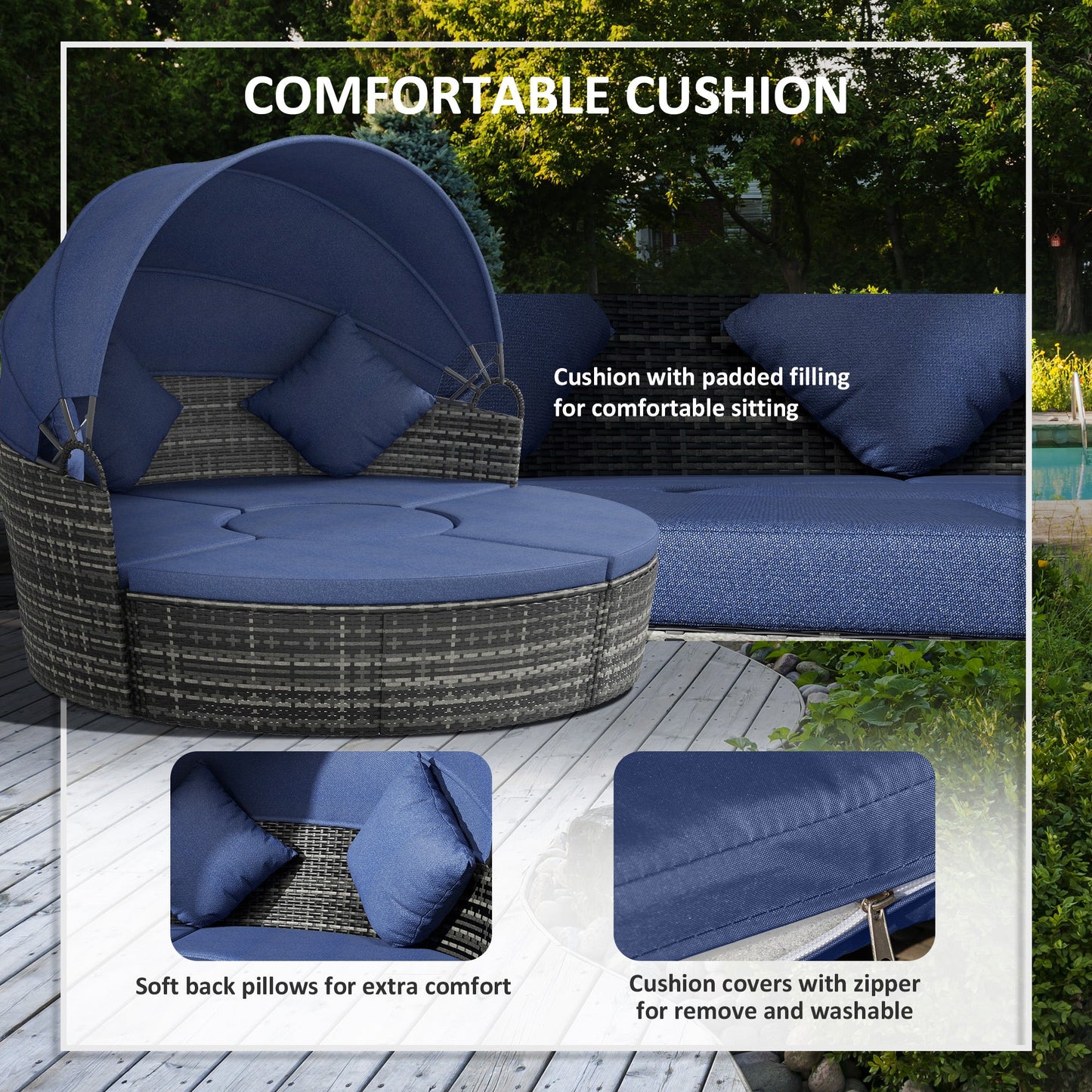 4 Pieces Outdoor Daybed with Retractable Canopy, PE Rattan Wicker Round Sofa Day Bed, Patio Sectional Conversation Furniture Set with Cushions and Pillows, Dark Blue