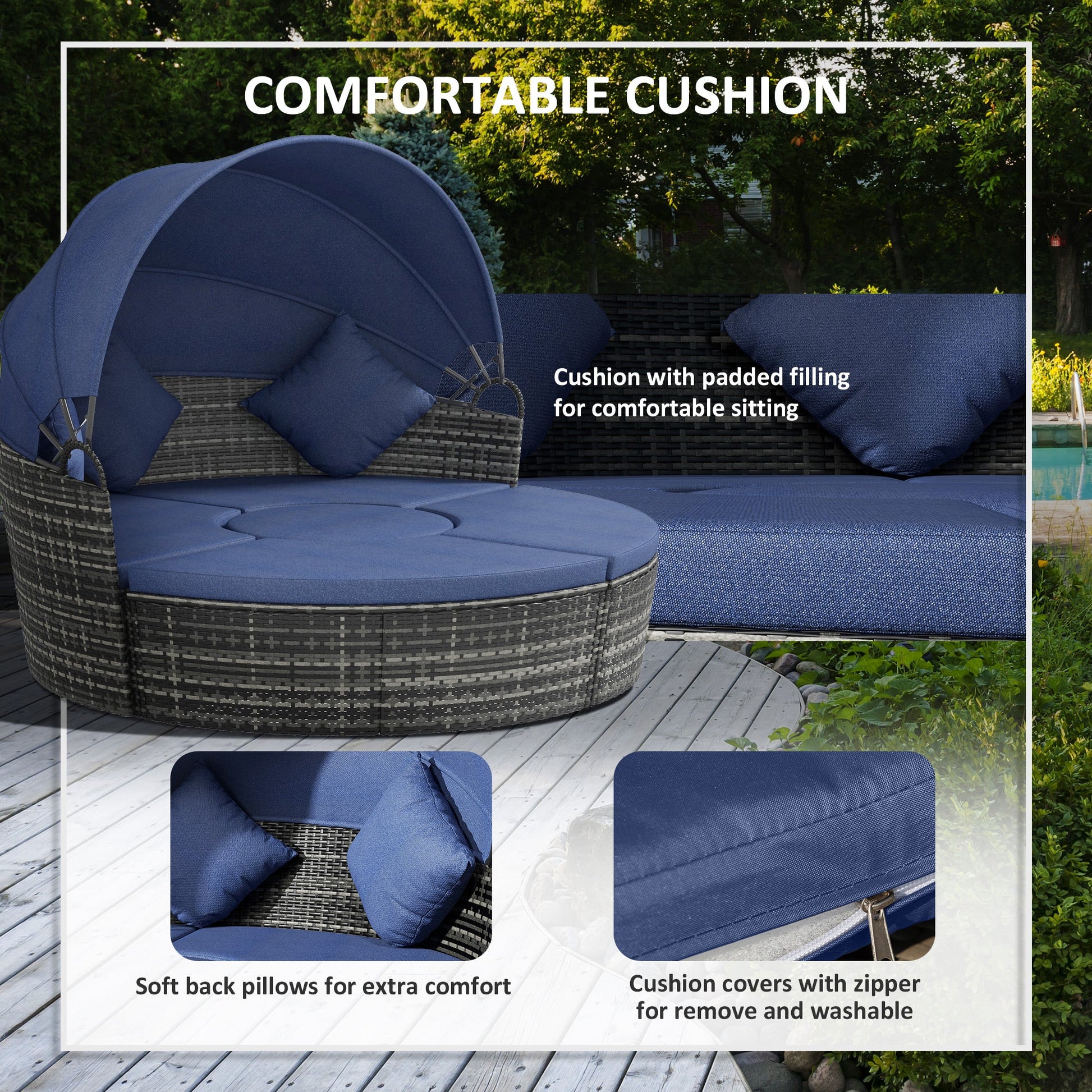 4 Pieces Outdoor Daybed with Retractable Canopy, PE Rattan Wicker Round Sofa Day Bed, Patio Sectional Conversation Furniture Set with Cushions and Pillows, Dark Blue