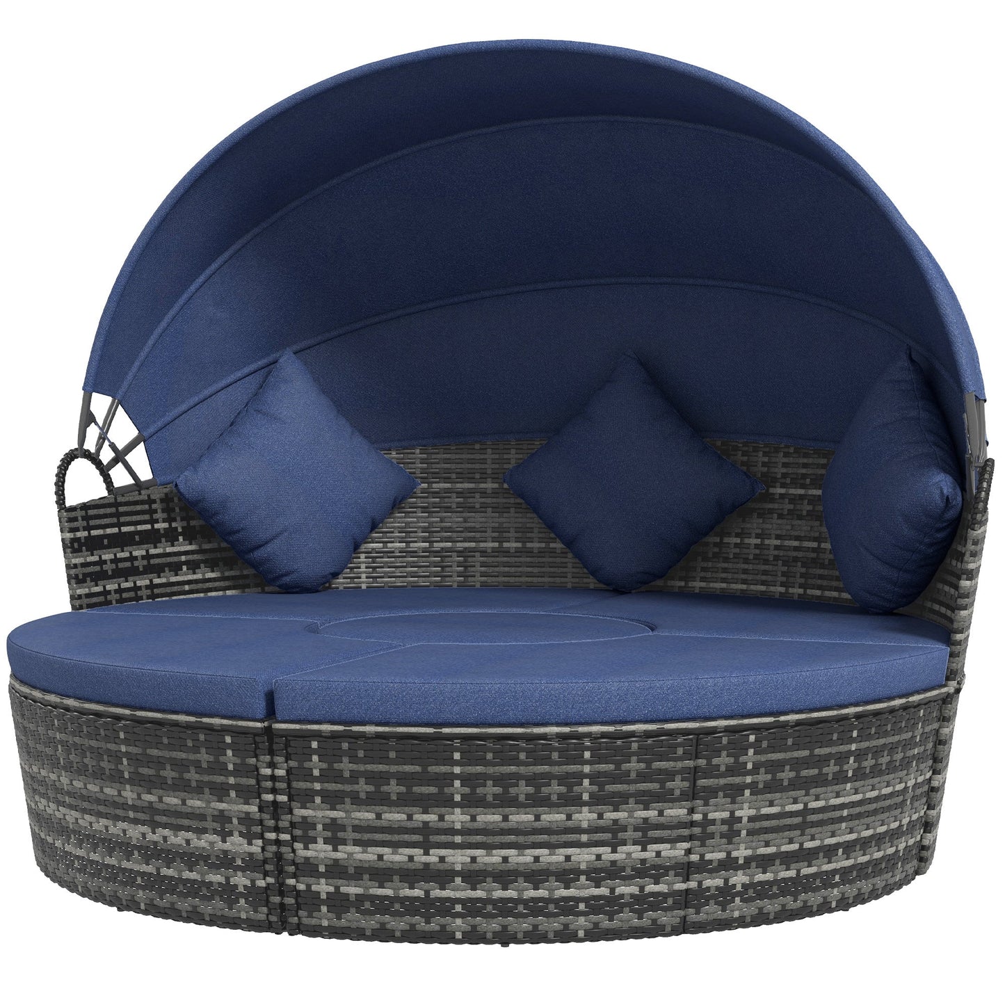 4 Pieces Outdoor Daybed with Retractable Canopy, PE Rattan Wicker Round Sofa Day Bed, Patio Sectional Conversation Furniture Set with Cushions and Pillows, Dark Blue