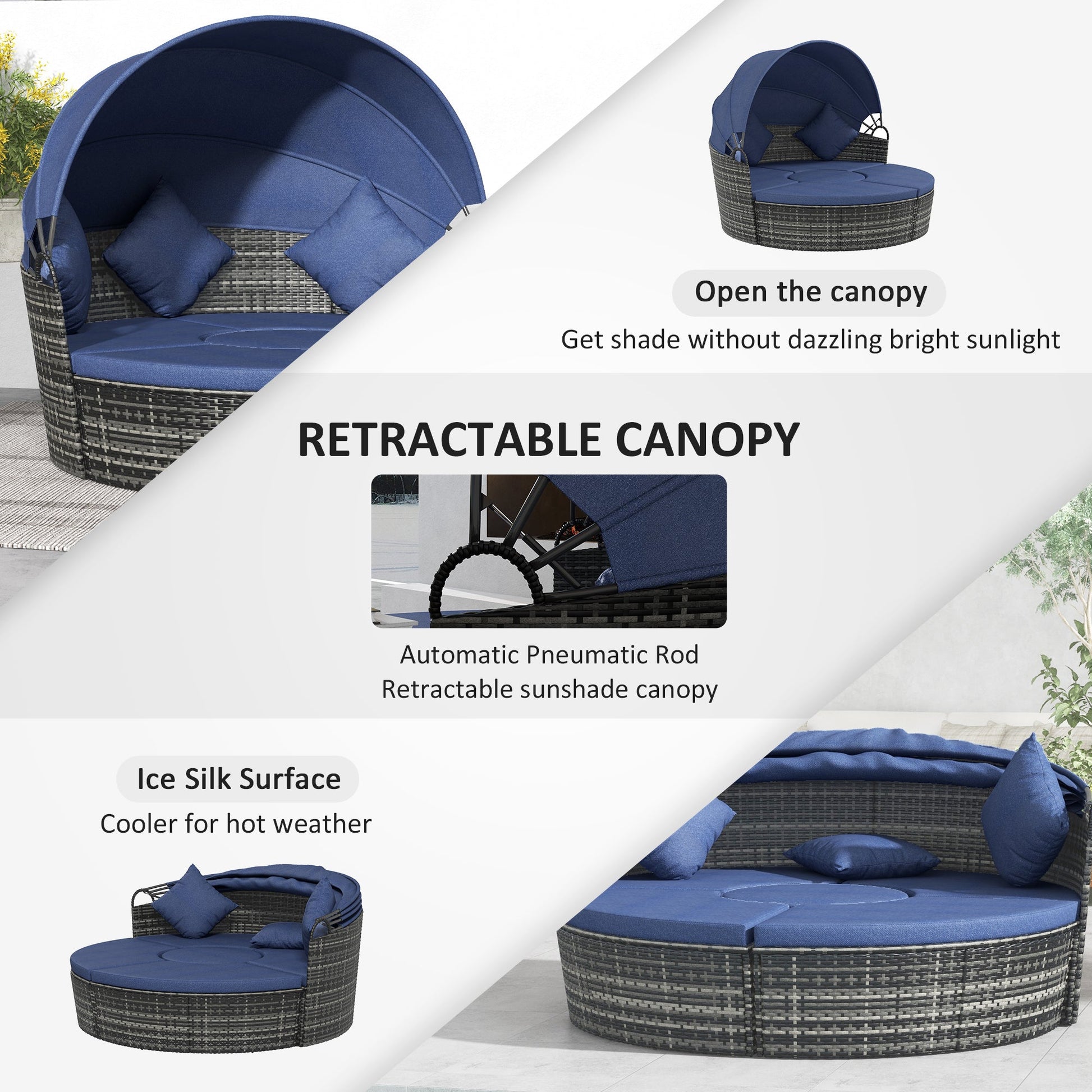 4 Pieces Outdoor Daybed with Retractable Canopy, PE Rattan Wicker Round Sofa Day Bed, Patio Sectional Conversation Furniture Set with Cushions and Pillows, Dark Blue