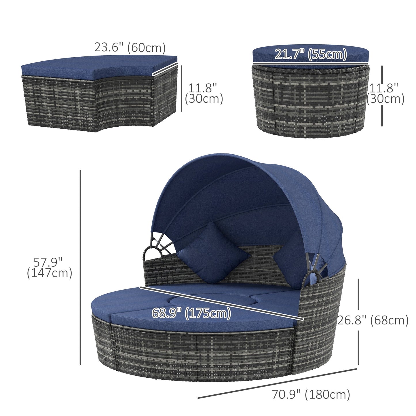 4 Pieces Outdoor Daybed with Retractable Canopy, PE Rattan Wicker Round Sofa Day Bed, Patio Sectional Conversation Furniture Set with Cushions and Pillows, Dark Blue