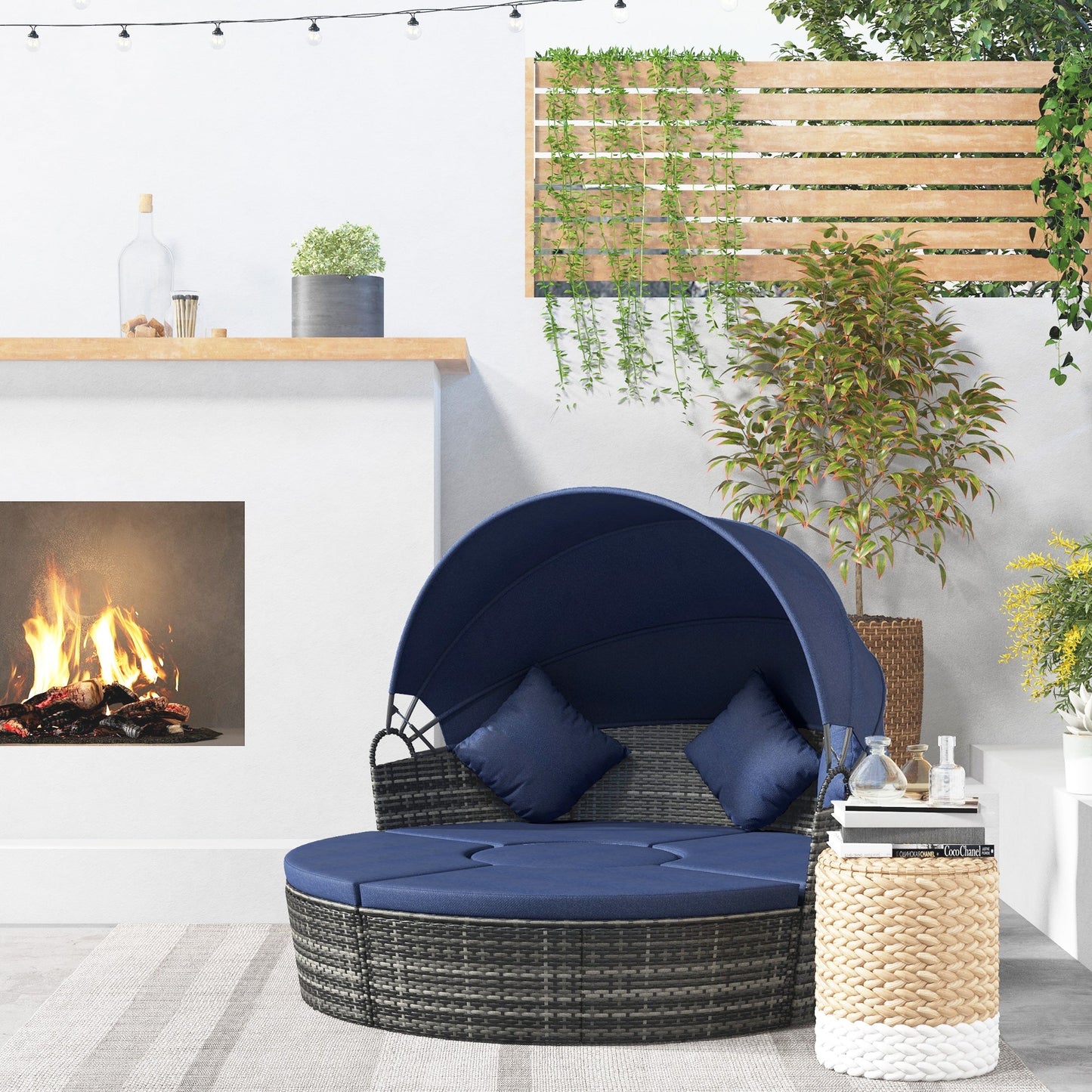 4 Pieces Outdoor Daybed with Retractable Canopy, PE Rattan Wicker Round Sofa Day Bed, Patio Sectional Conversation Furniture Set with Cushions and Pillows, Dark Blue