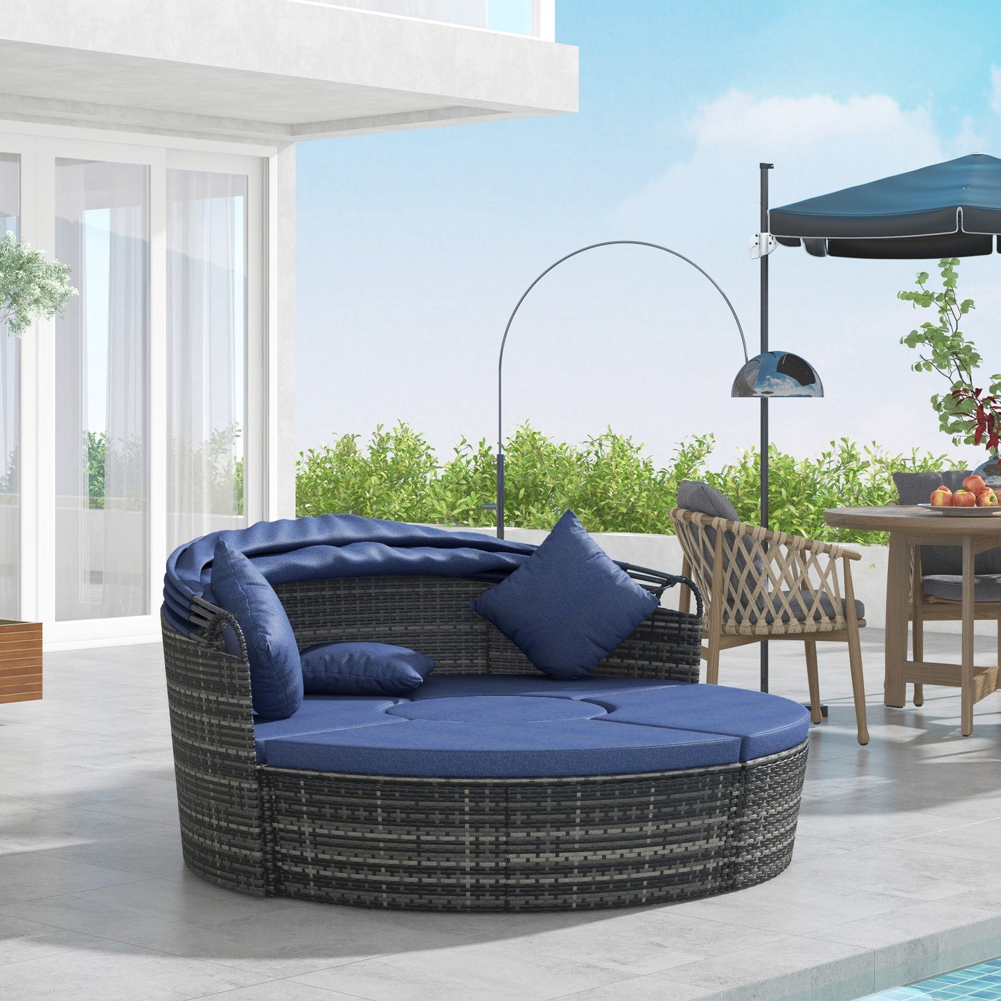 4 Pieces Outdoor Daybed with Retractable Canopy, PE Rattan Wicker Round Sofa Day Bed, Patio Sectional Conversation Furniture Set with Cushions and Pillows, Dark Blue
