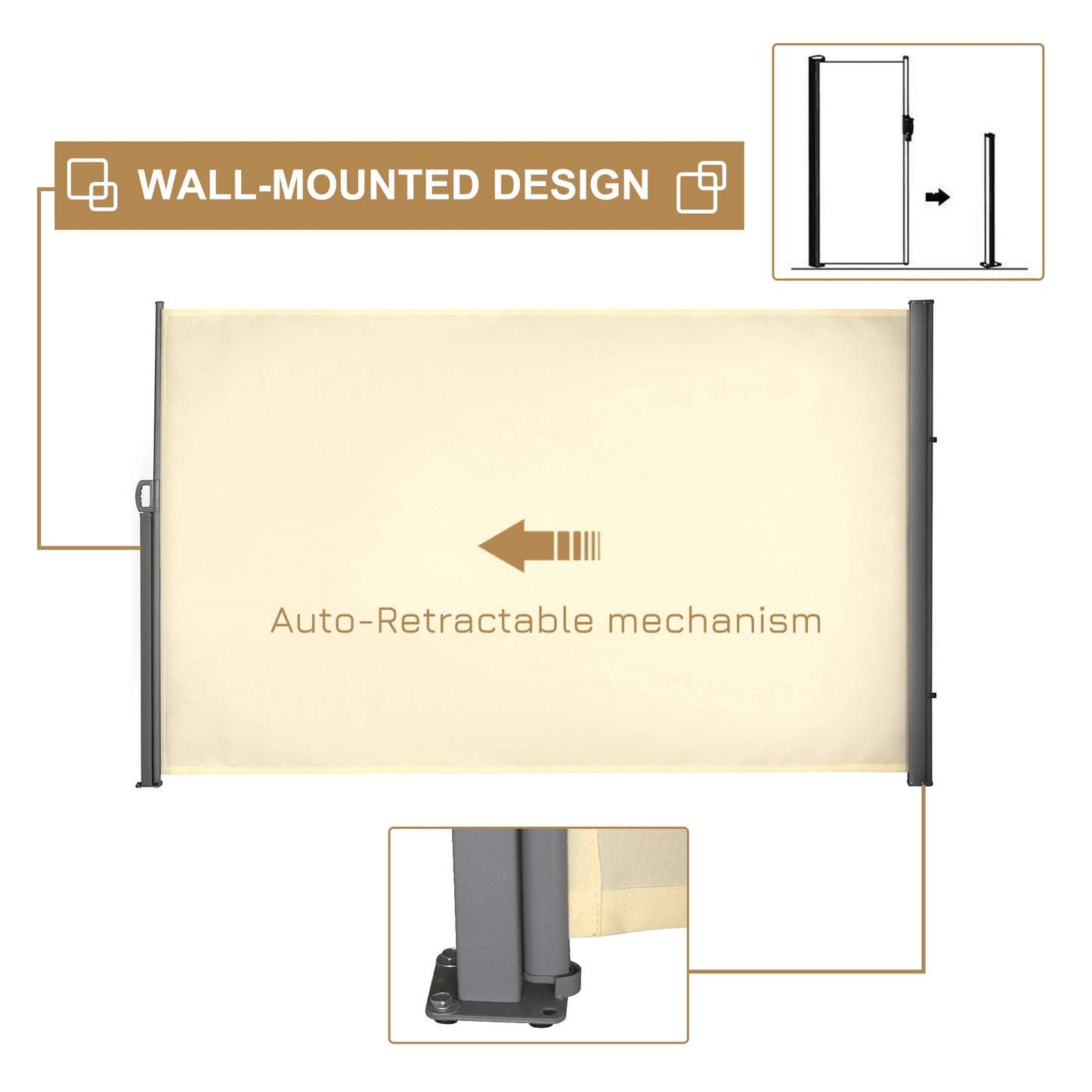 118" x 71" Retractable Side Awning Patio Outdoor Folding Privacy Screen with Resistance to UV Rays & Wind, Cream White