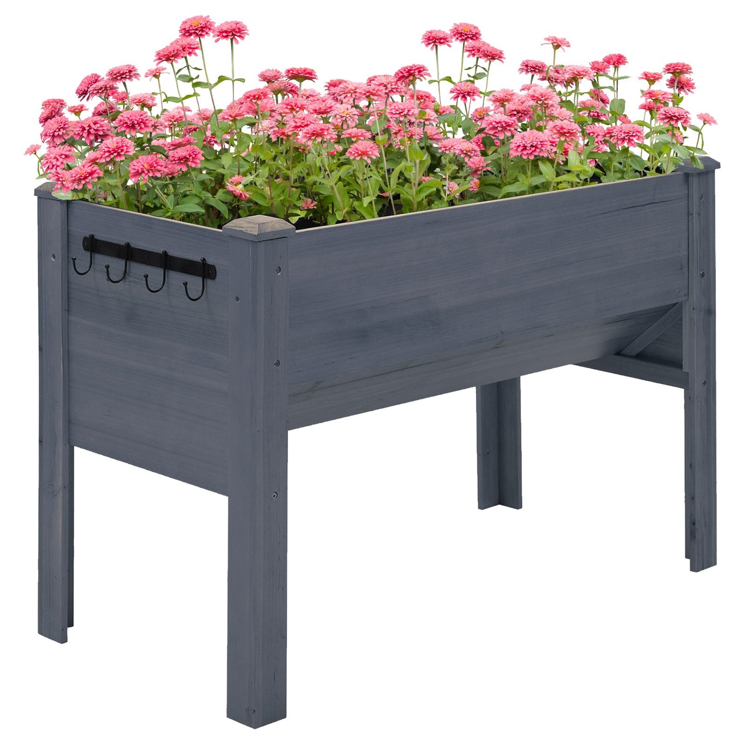 Raised Garden Bed with Hooks, 660lb Capacity Wood Elevated Planter Box with Water Draining and Liner, Funnel Design for Vegetable, Herbs, Flower, 48" x 24" x 32", Grey