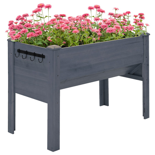 Raised Garden Bed with Hooks, 660lb Capacity Wood Elevated Planter Box with Water Draining and Liner, Funnel Design for Vegetable, Herbs, Flower, 48" x 24" x 32", Grey