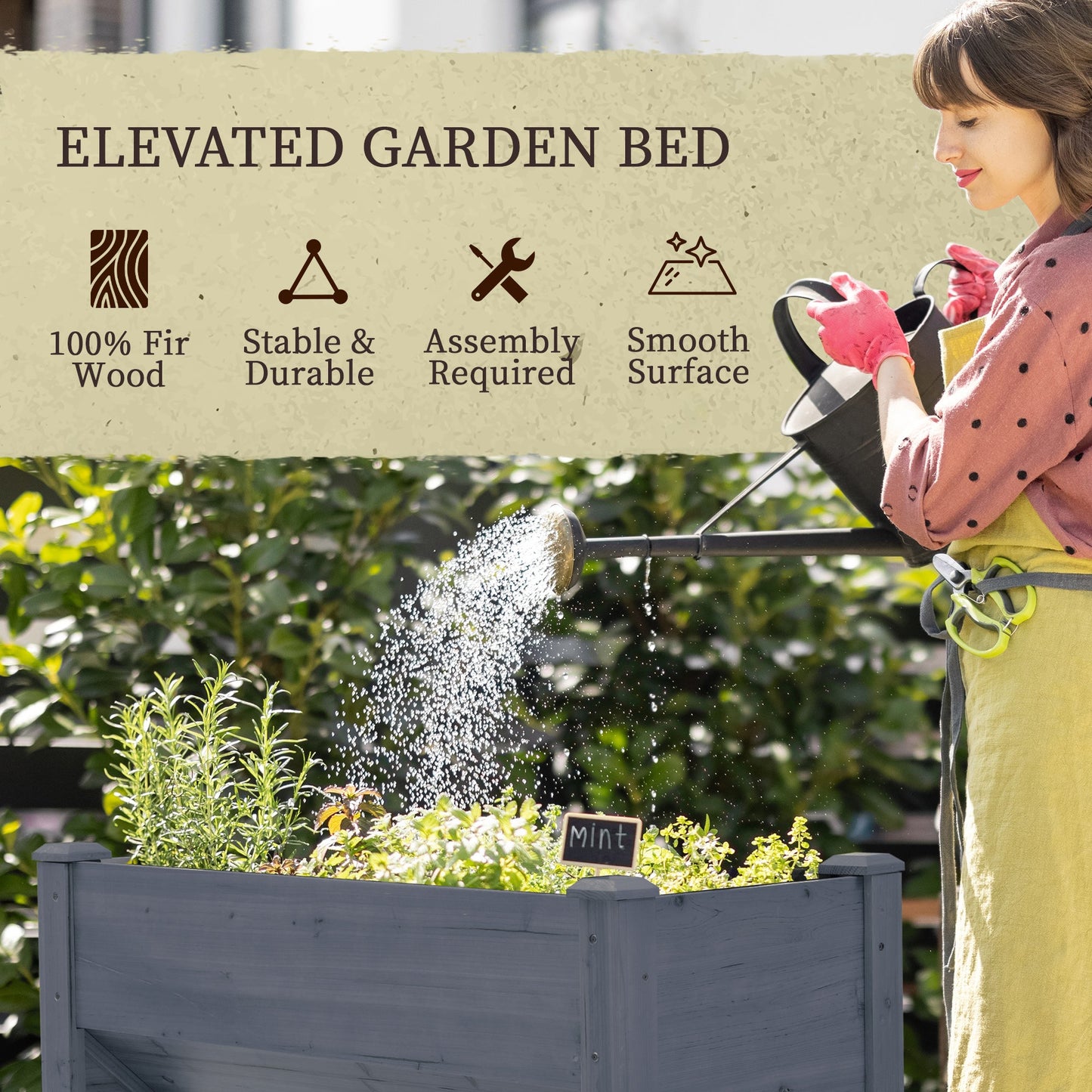 Raised Garden Bed with Hooks, 660lb Capacity Wood Elevated Planter Box with Water Draining and Liner, Funnel Design for Vegetable, Herbs, Flower, 48" x 24" x 32", Grey