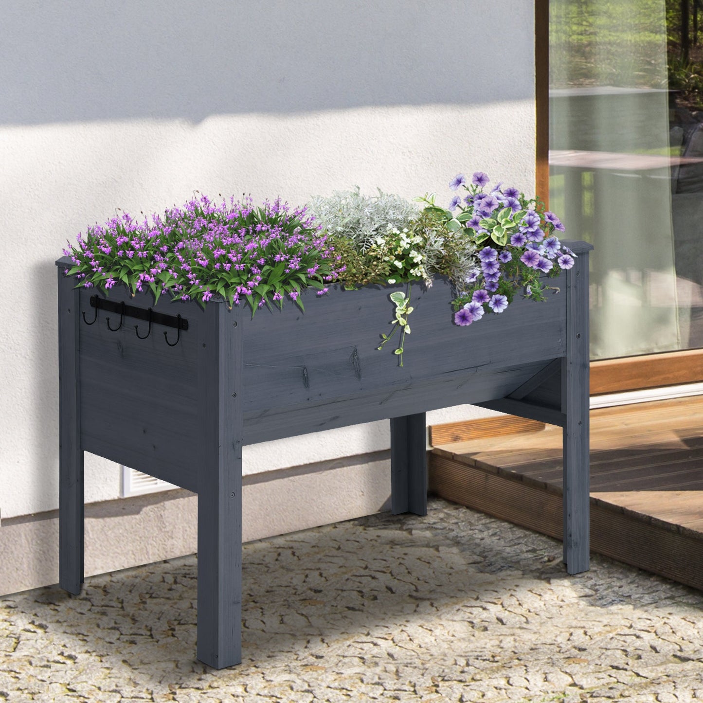 Raised Garden Bed with Hooks, 660lb Capacity Wood Elevated Planter Box with Water Draining and Liner, Funnel Design for Vegetable, Herbs, Flower, 48" x 24" x 32", Grey