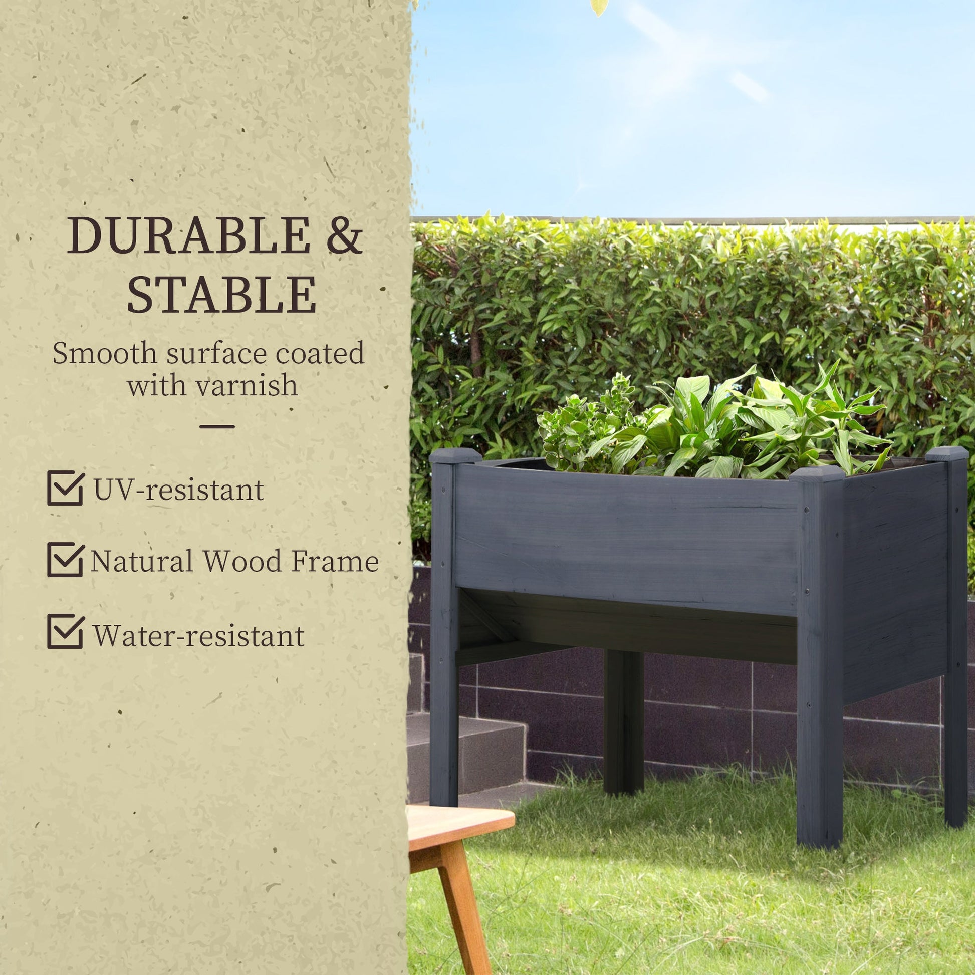 Raised Garden Bed with Hooks, 660lb Capacity Wood Elevated Planter Box with Water Draining and Liner, Funnel Design for Vegetable, Herbs, Flower, 48" x 24" x 32", Grey