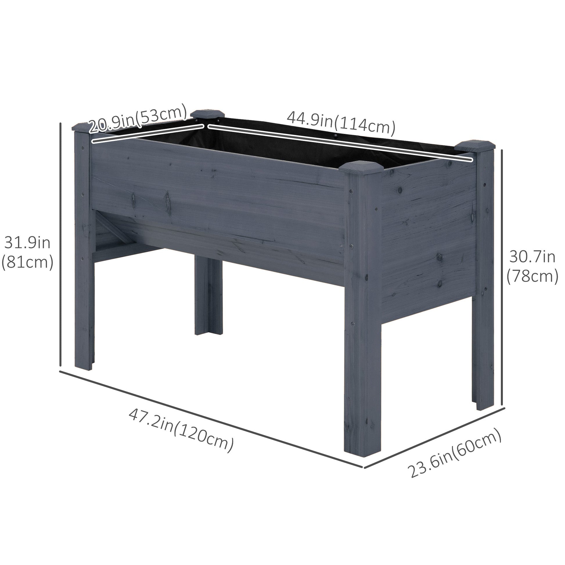 Raised Garden Bed with Hooks, 660lb Capacity Wood Elevated Planter Box with Water Draining and Liner, Funnel Design for Vegetable, Herbs, Flower, 48" x 24" x 32", Grey
