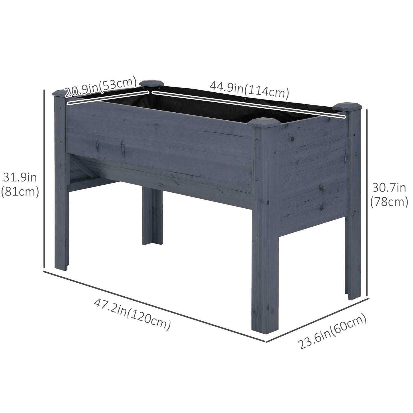 Raised Garden Bed with Hooks, 660lb Capacity Wood Elevated Planter Box with Water Draining and Liner, Funnel Design for Vegetable, Herbs, Flower, 48" x 24" x 32", Grey