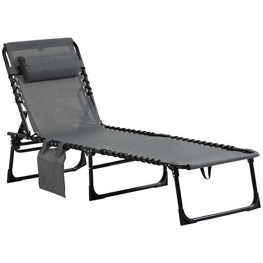 Folding Lounge Chair, Reclining Tanning Chair, Portable Sun Lounger with Adjustable Backrest and Removable Pillow for Patio, Garden, Beach, Grey