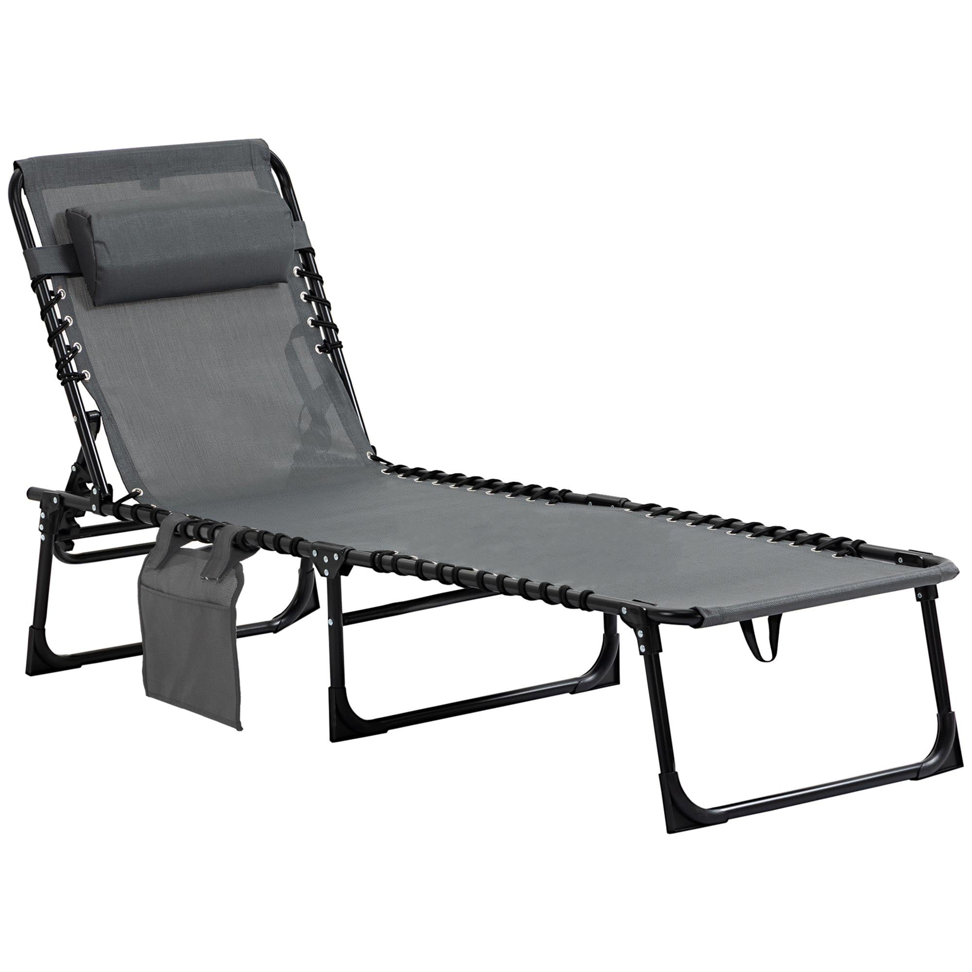 Folding Lounge Chair, Reclining Tanning Chair, Portable Sun Lounger with Adjustable Backrest and Removable Pillow for Patio, Garden, Beach, Grey