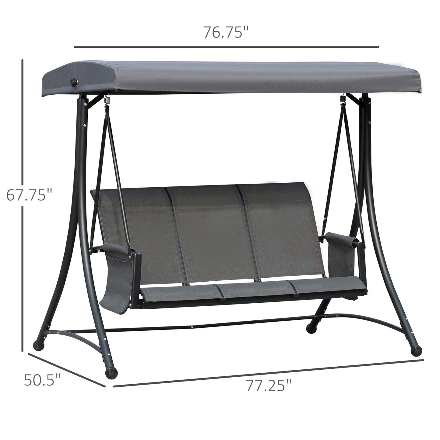 3 Person Porch Swing Outdoor Swing Chair with High Back Design, Side Pouches and Adjustable Canopy, Dark Grey