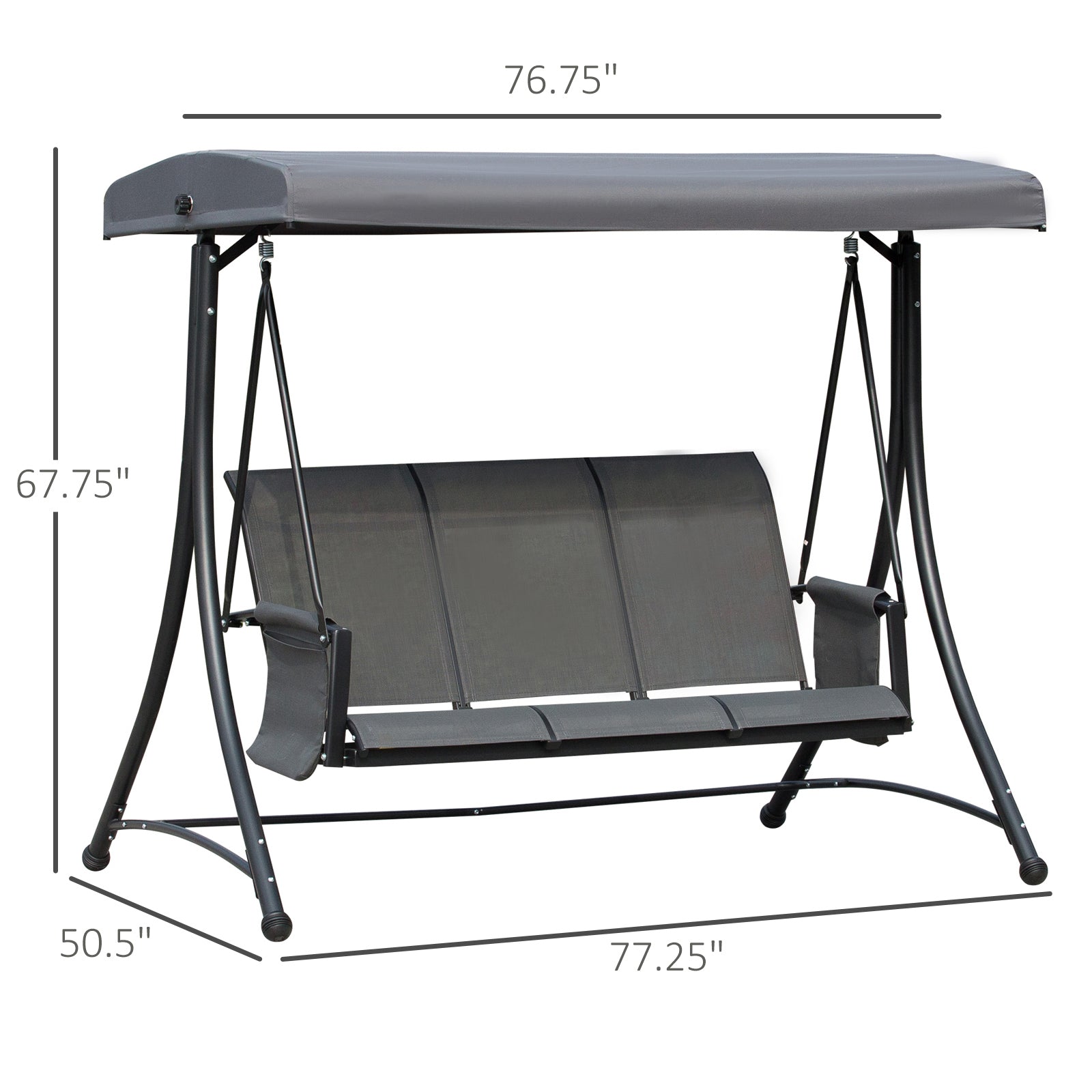 3 Person Porch Swing Outdoor Swing Chair with High Back Design, Side Pouches and Adjustable Canopy, Dark Grey