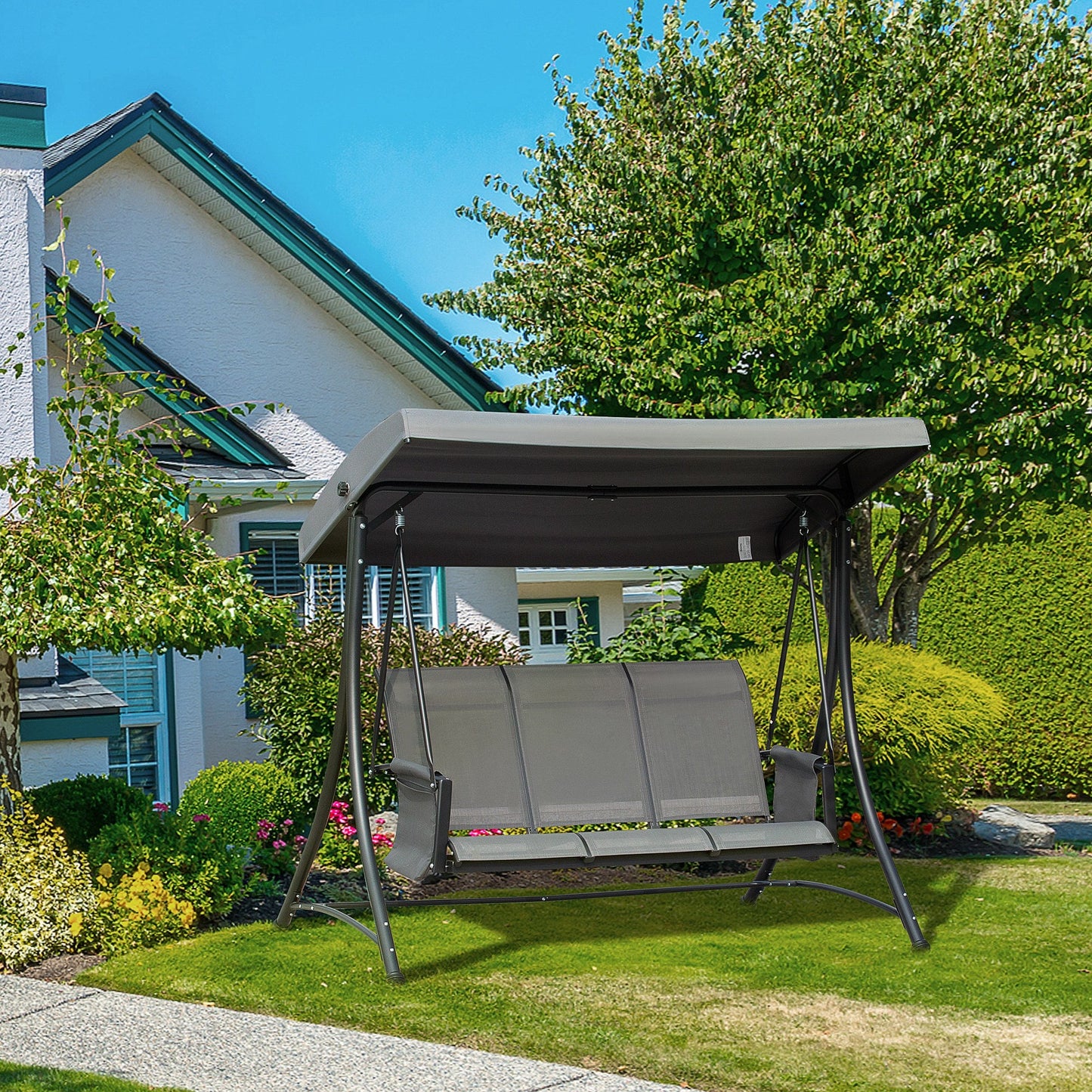 3 Person Porch Swing Outdoor Swing Chair with High Back Design, Side Pouches and Adjustable Canopy, Dark Grey