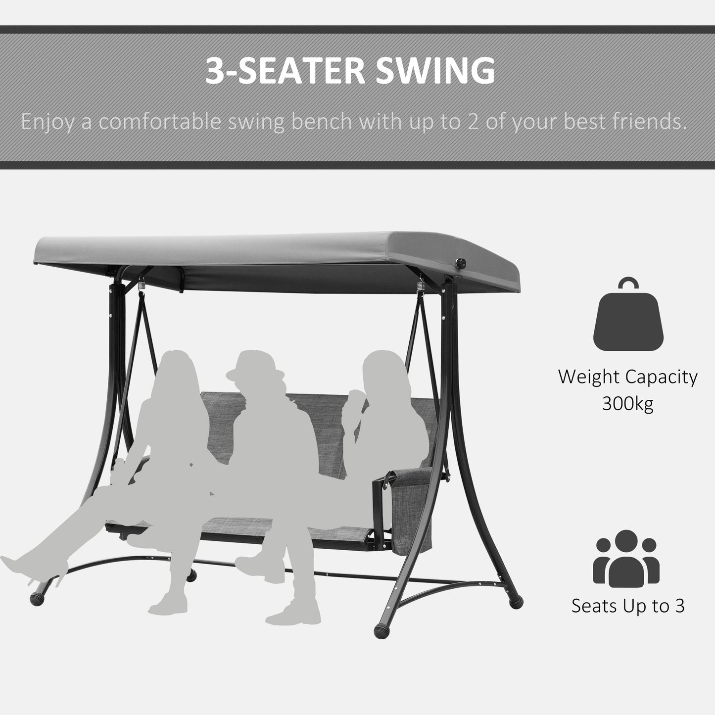 3 Person Porch Swing Outdoor Swing Chair with High Back Design, Side Pouches and Adjustable Canopy, Dark Grey