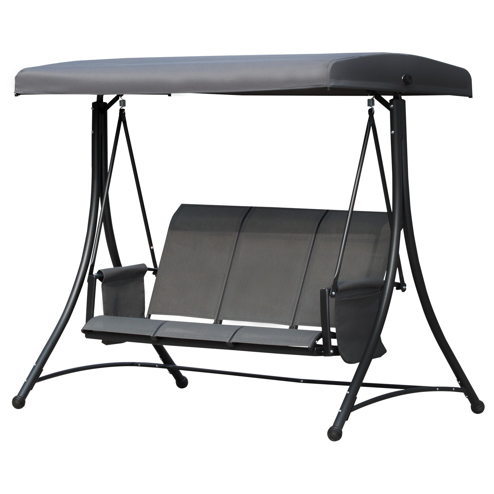 3 Person Porch Swing Outdoor Swing Chair with High Back Design, Side Pouches and Adjustable Canopy, Dark Grey