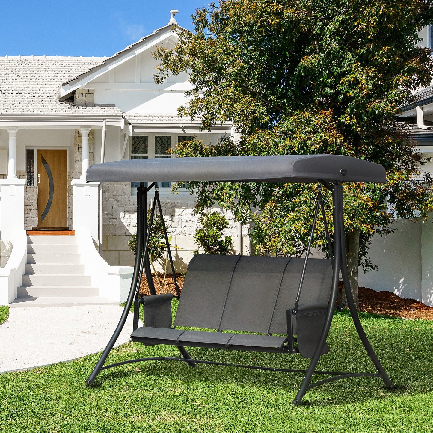 3 Person Porch Swing Outdoor Swing Chair with High Back Design, Side Pouches and Adjustable Canopy, Dark Grey