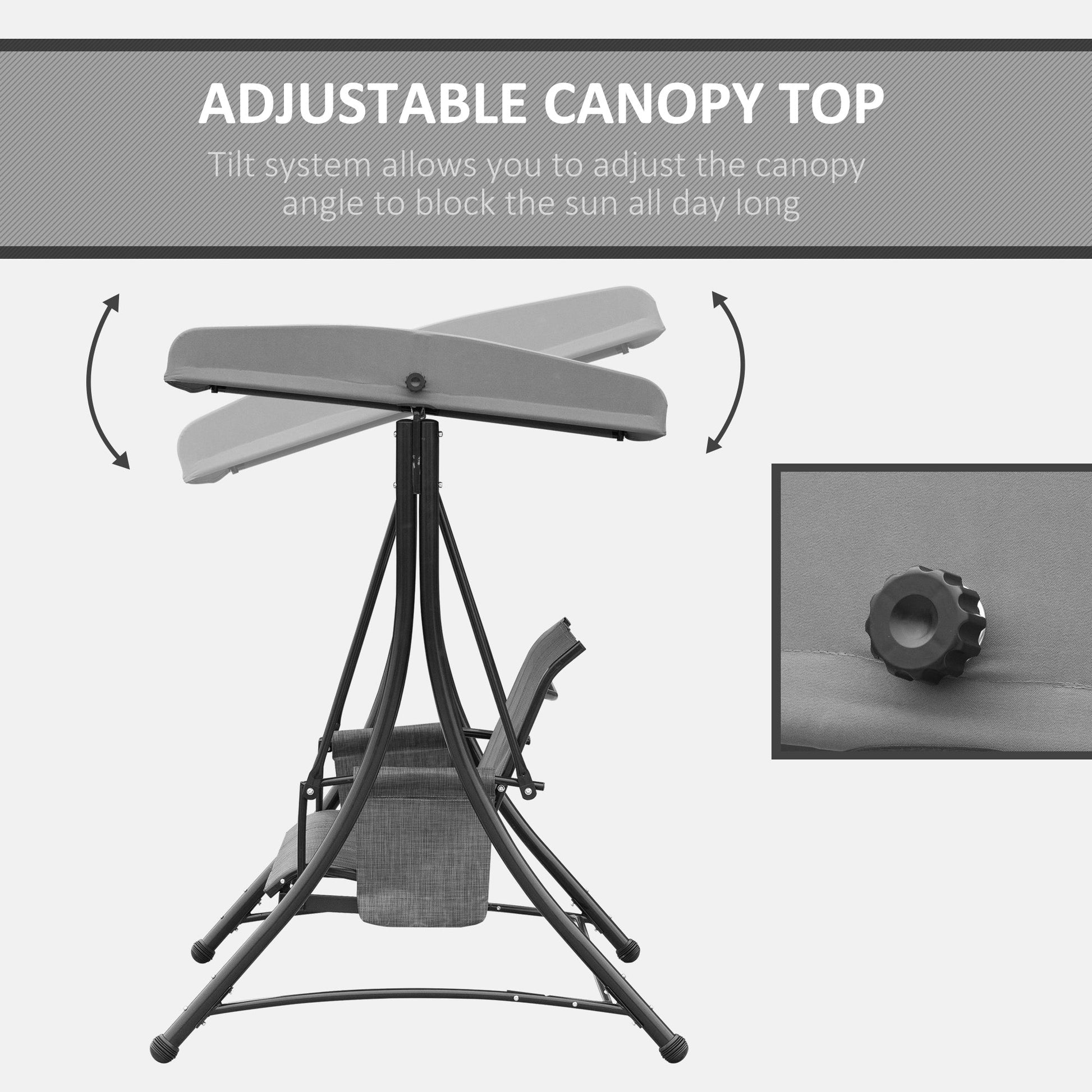 3 Person Porch Swing Outdoor Swing Chair with High Back Design, Side Pouches and Adjustable Canopy, Dark Grey