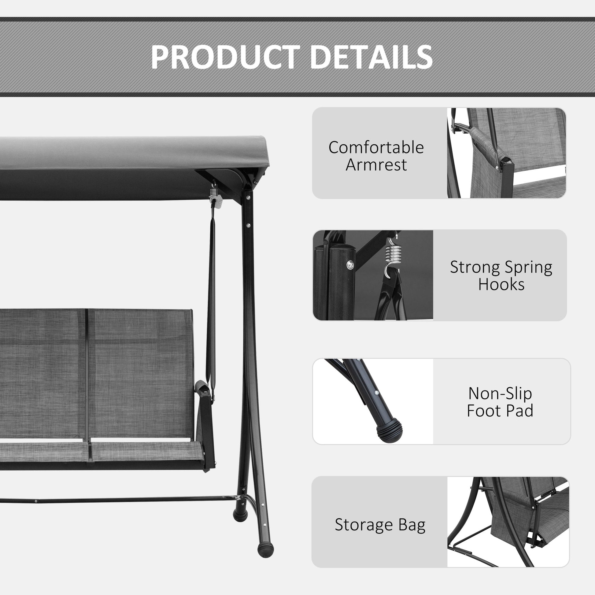 3 Person Porch Swing Outdoor Swing Chair with High Back Design, Side Pouches and Adjustable Canopy, Dark Grey